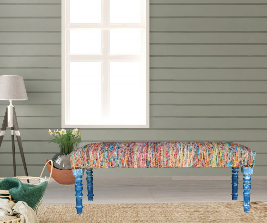 47" Rainbow Stripe Blue Leg Upholstered Bench By Homeroots - Image 6