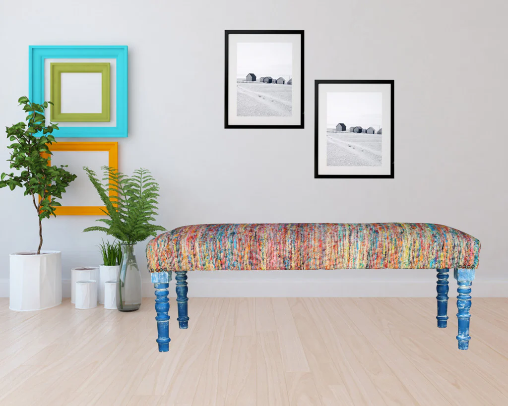 47" Rainbow Stripe Blue Leg Upholstered Bench By Homeroots - Image 7