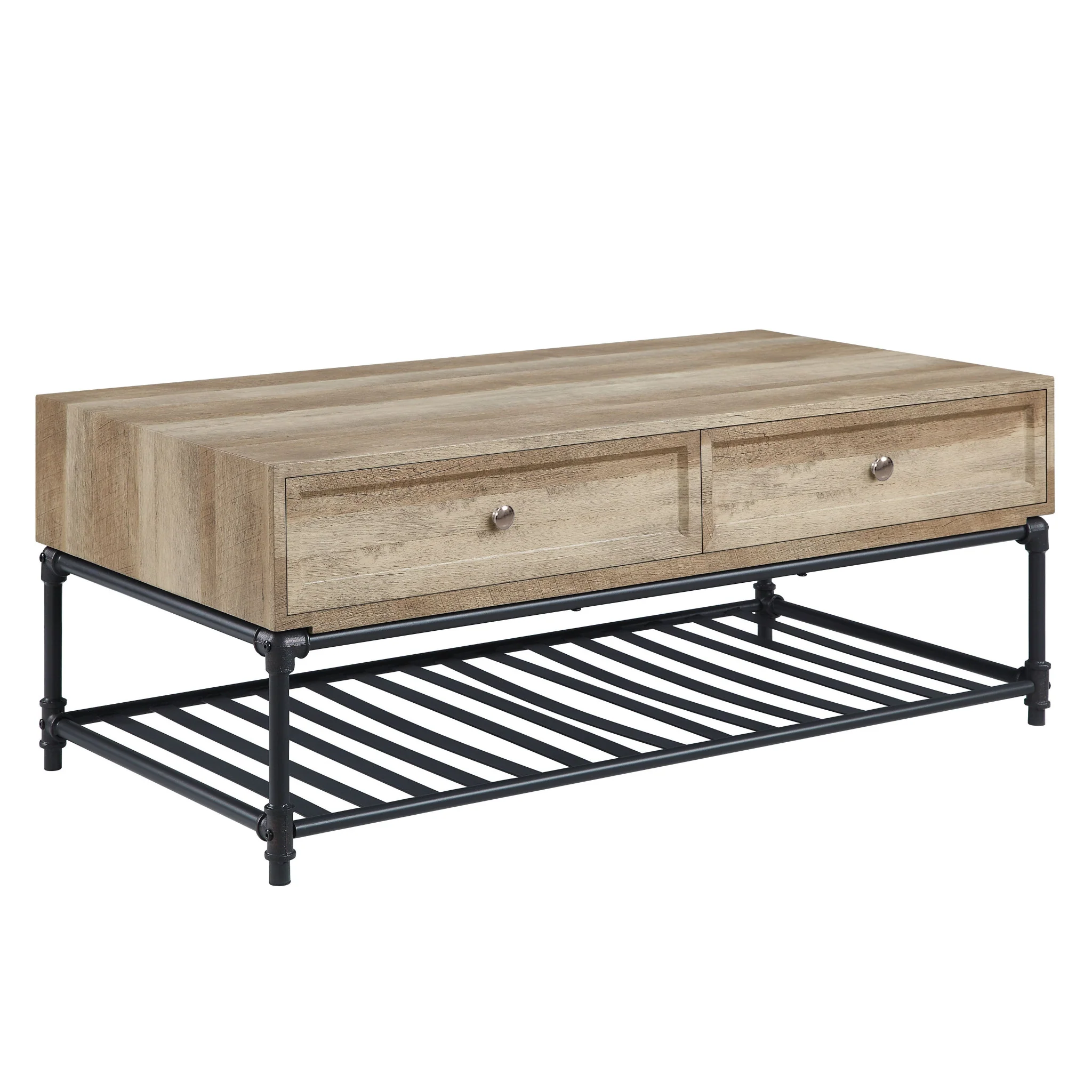 47" Sandy Black And Oak Paper Veneer And Metal Rectangular Coffee Table With Two Drawers And Shelf By Homeroots - Image 2