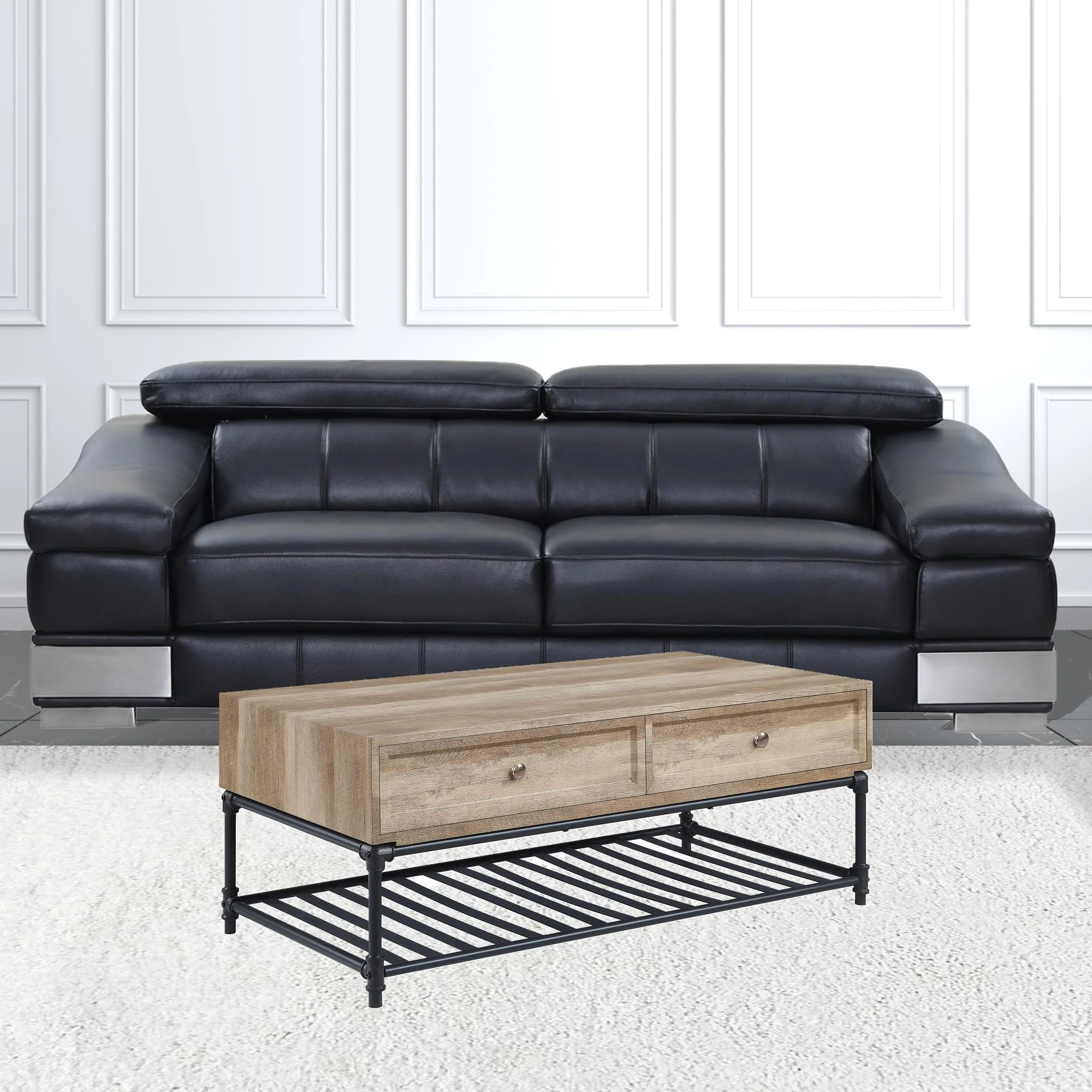 47" Sandy Black And Oak Paper Veneer And Metal Rectangular Coffee Table With Two Drawers And Shelf By Homeroots - Image 3