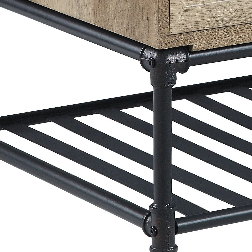 47" Sandy Black And Oak Paper Veneer And Metal Rectangular Coffee Table With Two Drawers And Shelf By Homeroots - Image 4