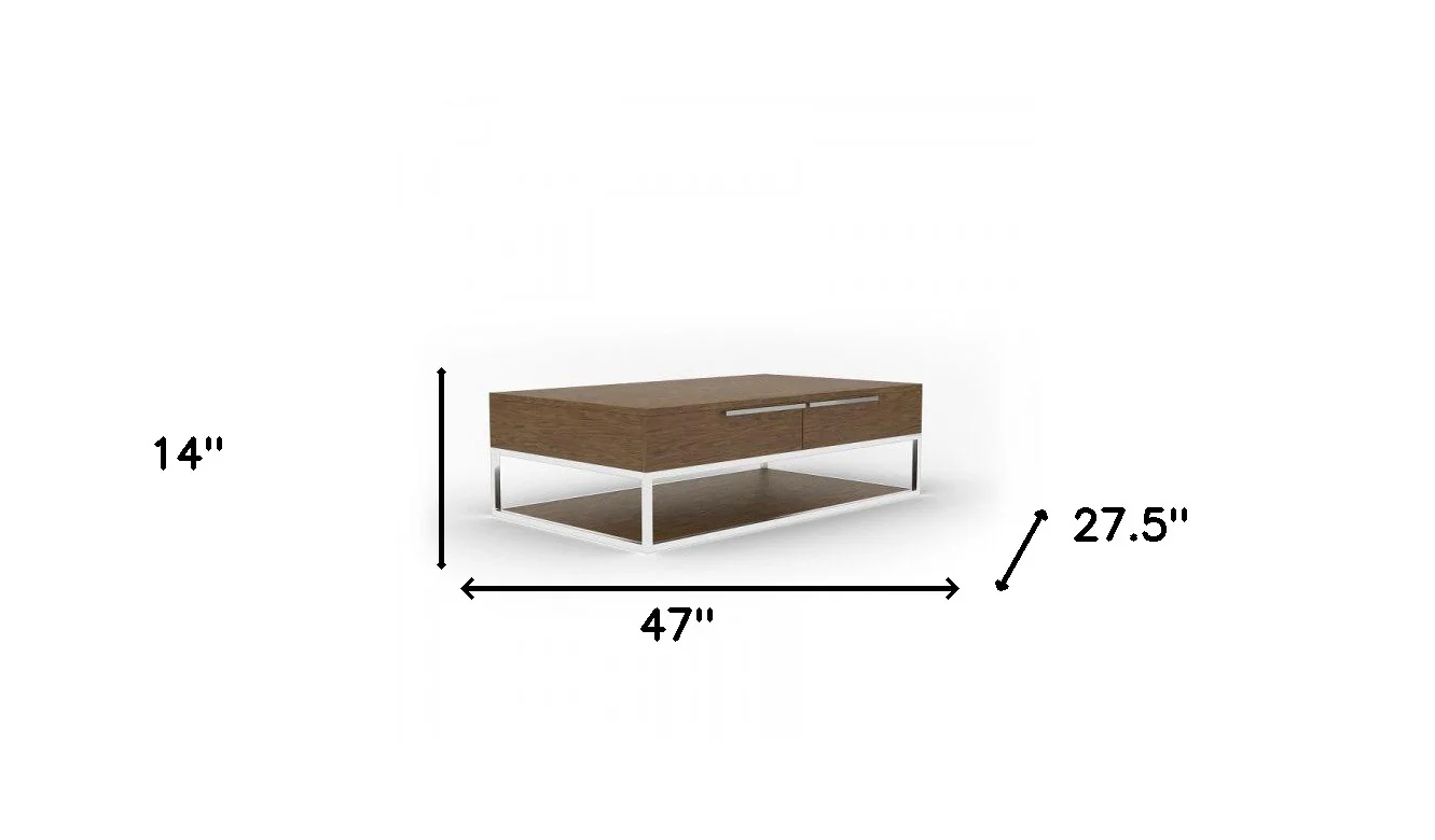 47" Silver And Walnut Rectangular Coffee Table With Two Drawers And Shelf By Homeroots - Image 5