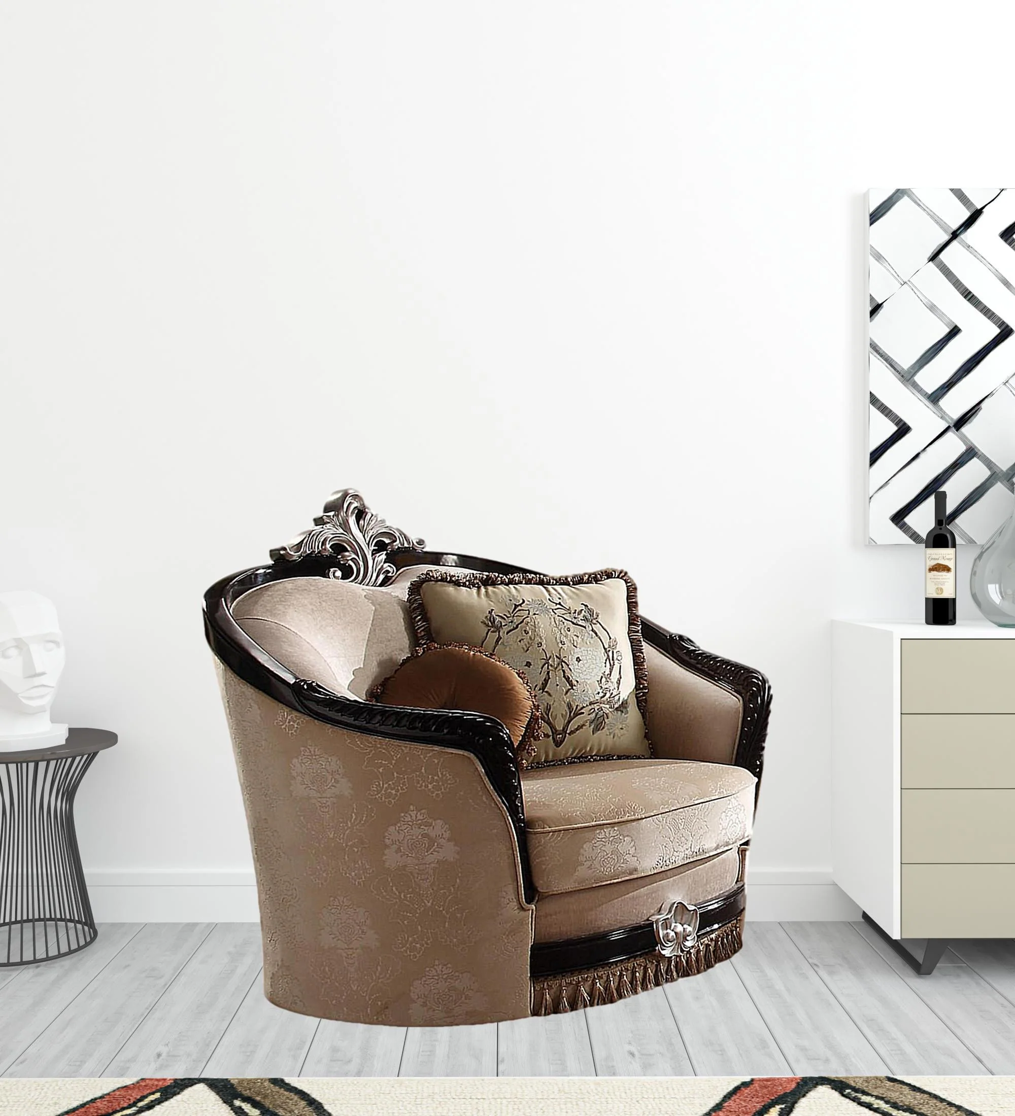 47" Tan Fabric And Black Ornate Frame Damask Arm Chair with Accent Pillows By Homeroots - Image 2