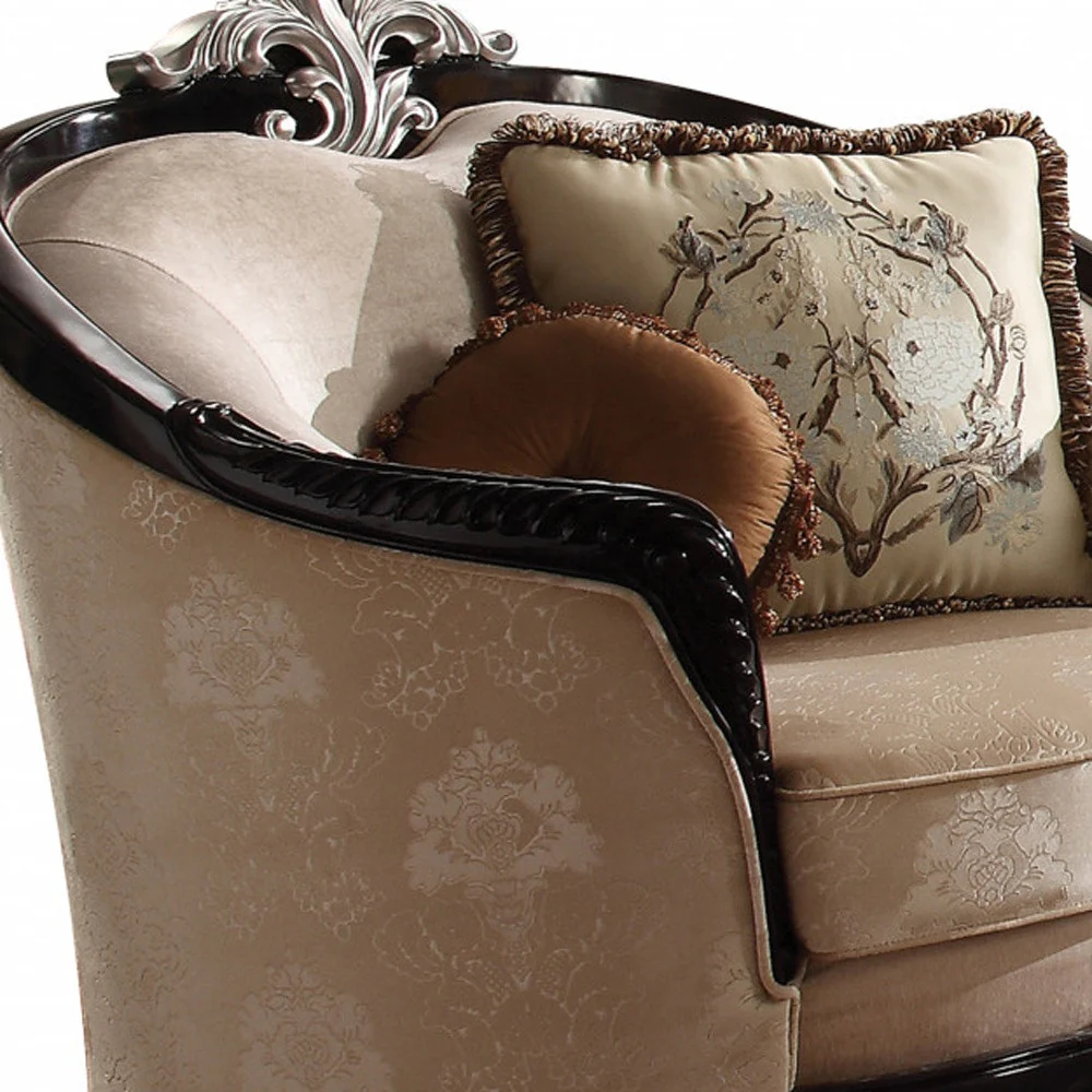 47" Tan Fabric And Black Ornate Frame Damask Arm Chair with Accent Pillows By Homeroots - Image 3