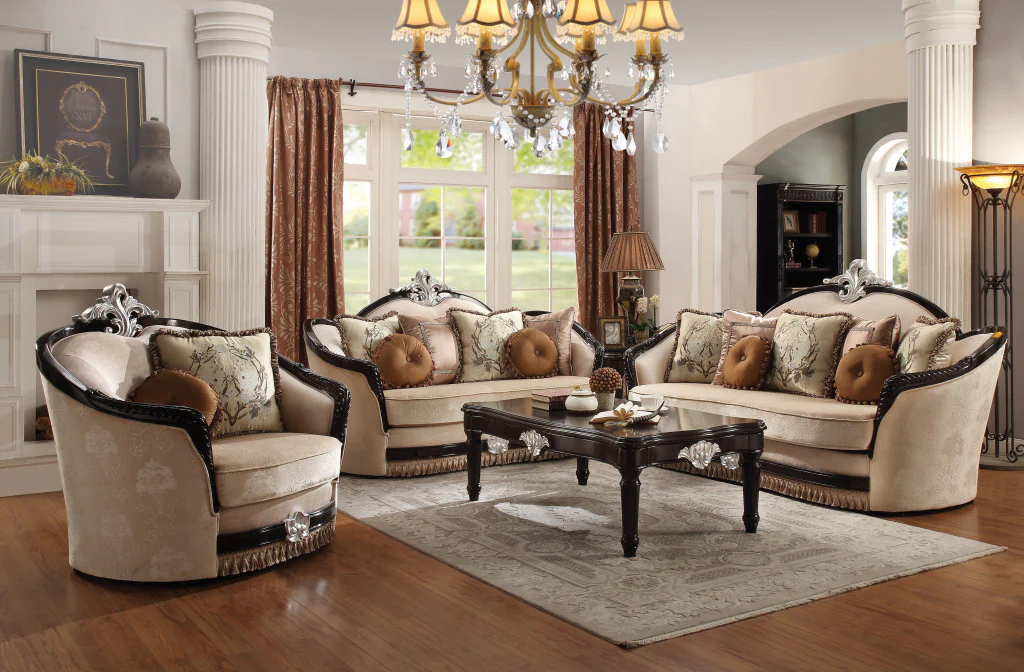 47" Tan Fabric And Black Ornate Frame Damask Arm Chair with Accent Pillows By Homeroots - Image 4
