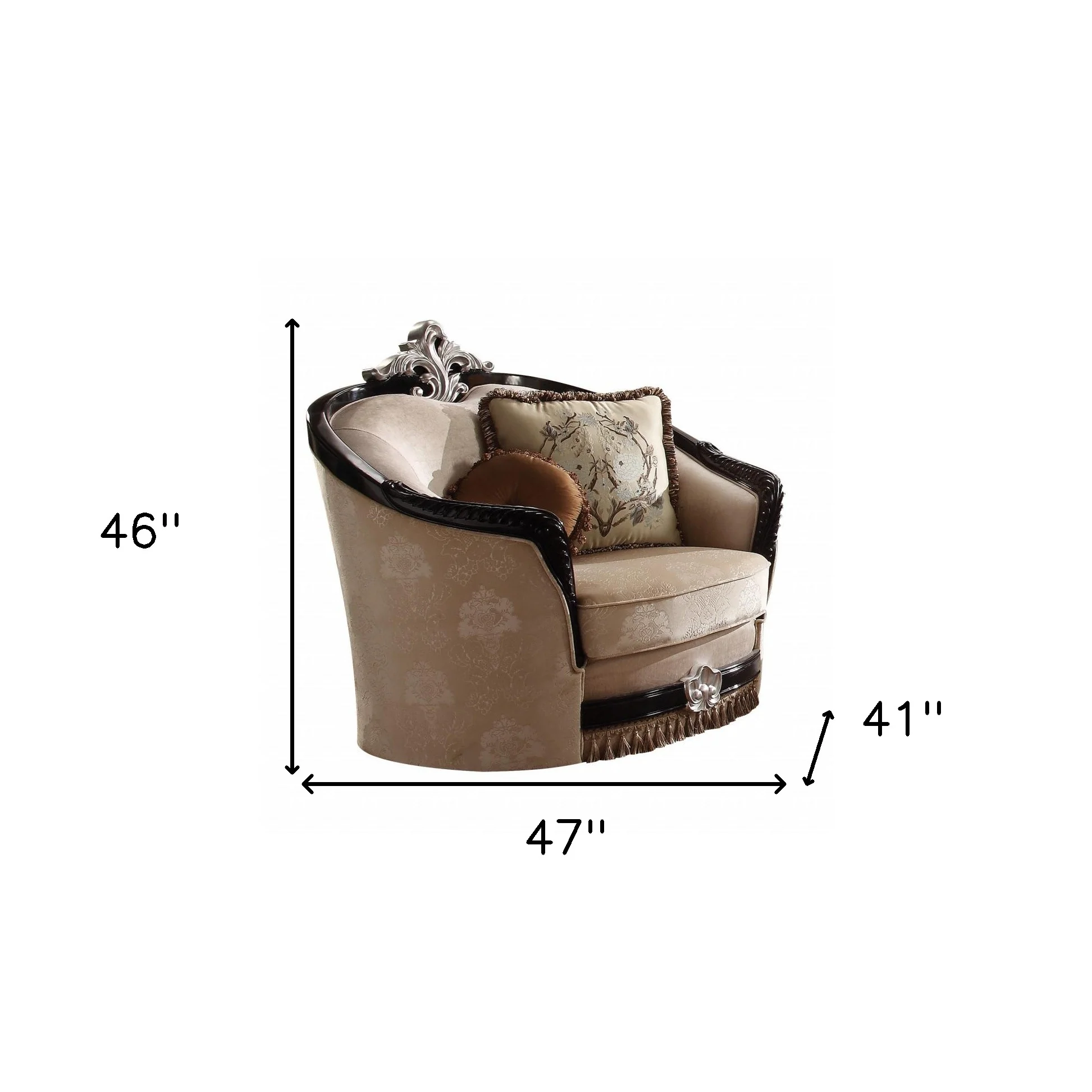 47" Tan Fabric And Black Ornate Frame Damask Arm Chair with Accent Pillows By Homeroots - Image 5