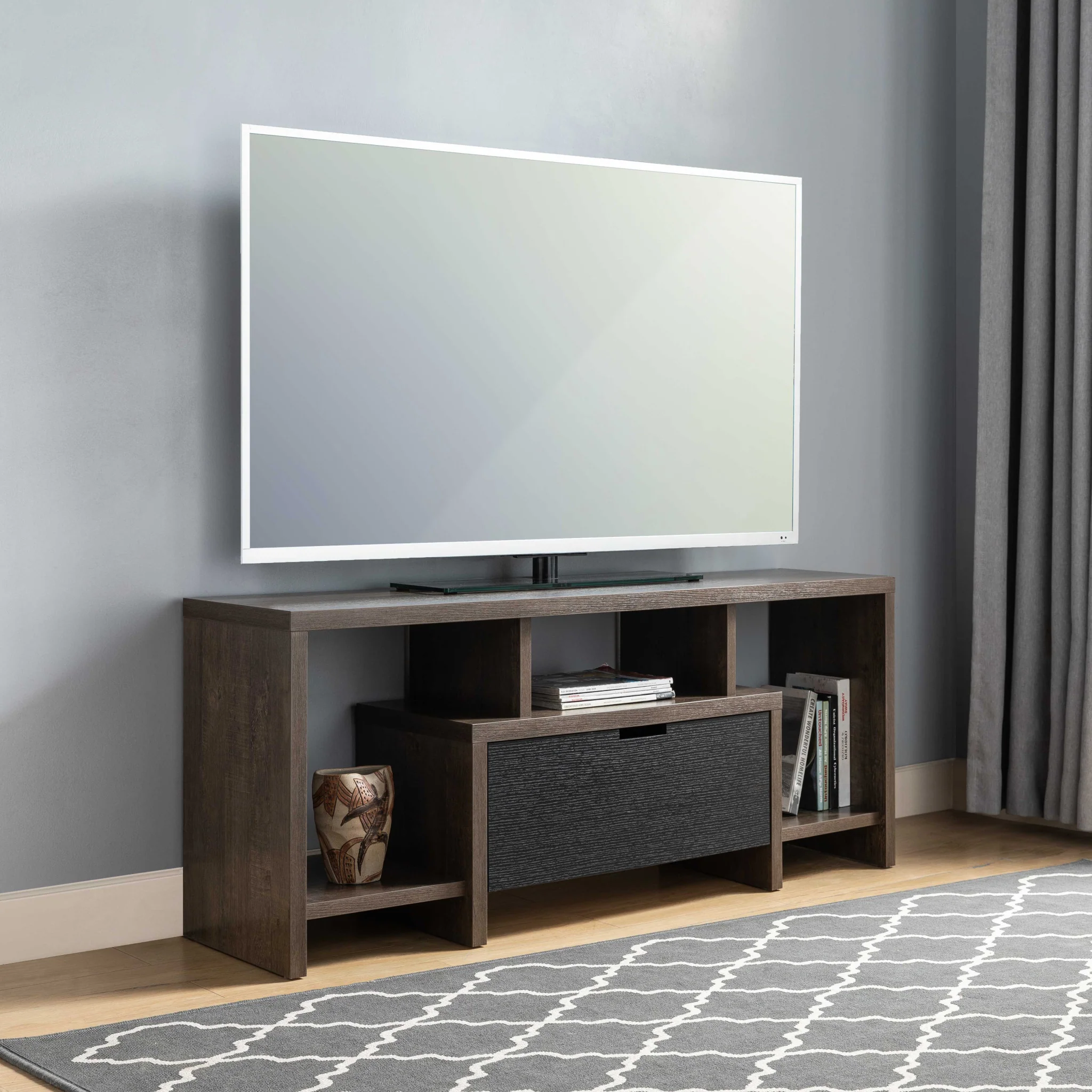 47" Walnut Oak And Black Manufactured Wood Cabinet Enclosed Storage TV Stand By Homeroots - Image 3