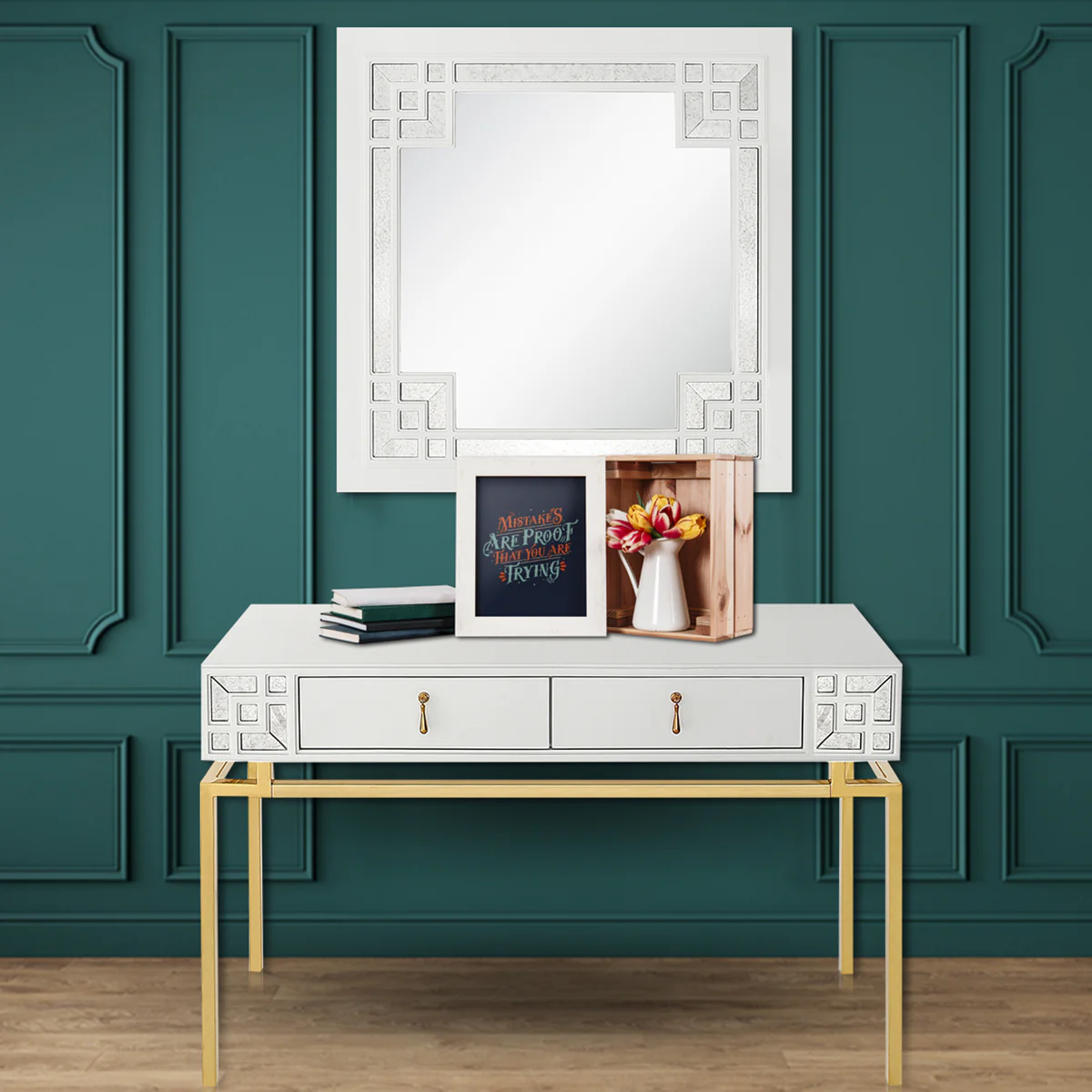 47" White and Gold Wood and Manufactured Wood Blend Mirrored Console Table With Storage By Homeroots - Image 9
