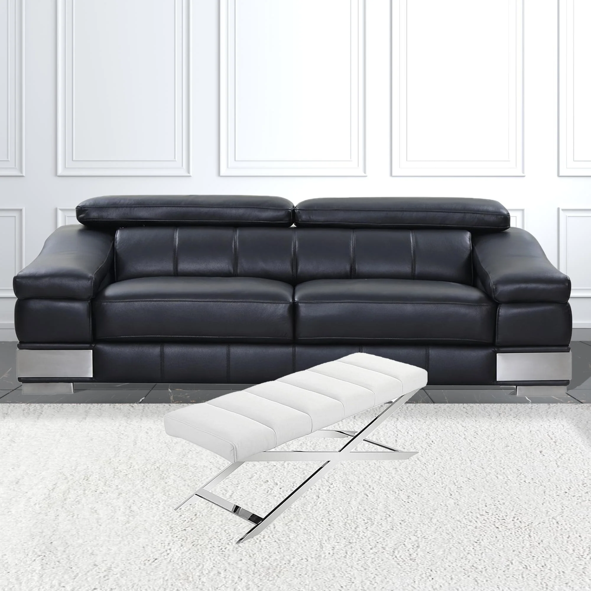 47" White And Silver Upholstered Faux leather Dining bench By Homeroots - Image 4