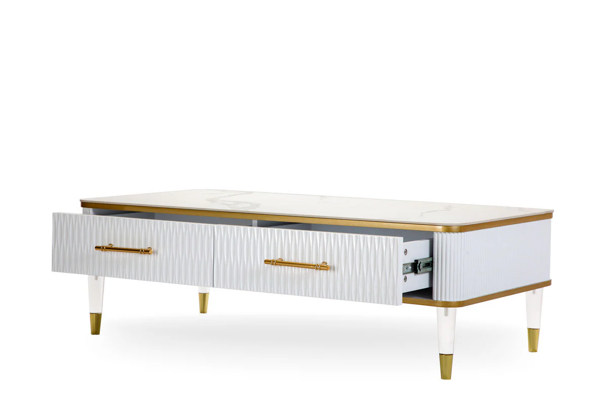 47" White Gold and Faux Stone Rectangular Coffee Table With Drawer By Homeroots - Image 2