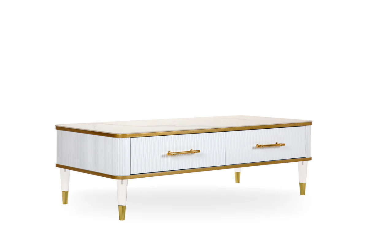 47" White Gold and Faux Stone Rectangular Coffee Table With Drawer By Homeroots - Image 3