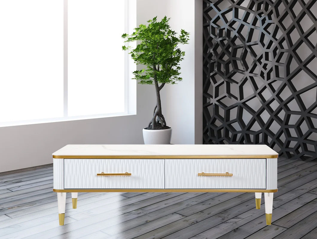 47" White Gold and Faux Stone Rectangular Coffee Table With Drawer By Homeroots - Image 6