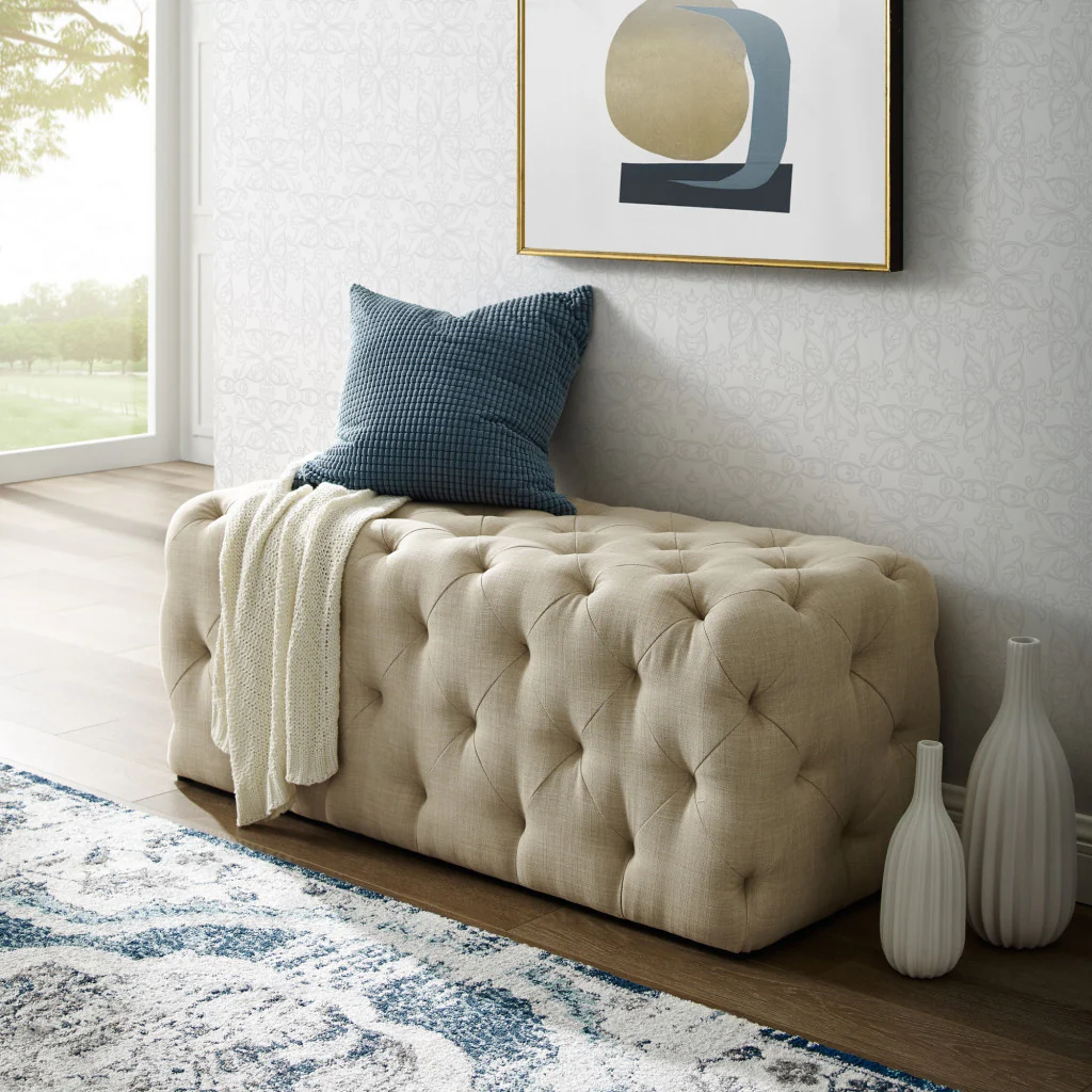 48" Beige And Black Upholstered Linen Bench By Homeroots - Image 7