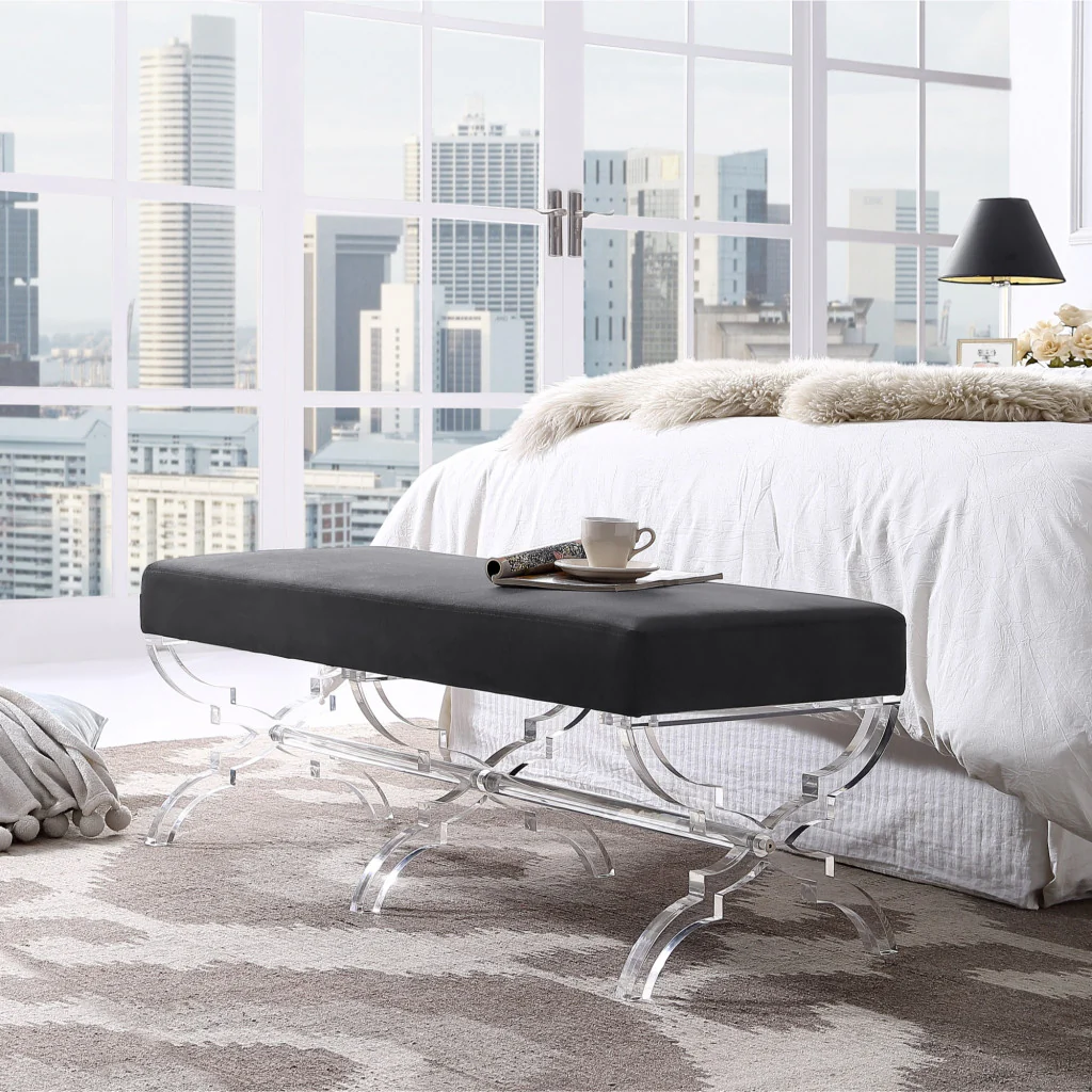 48" Black And Clear Upholstered Velvet Bench By Homeroots - Image 8