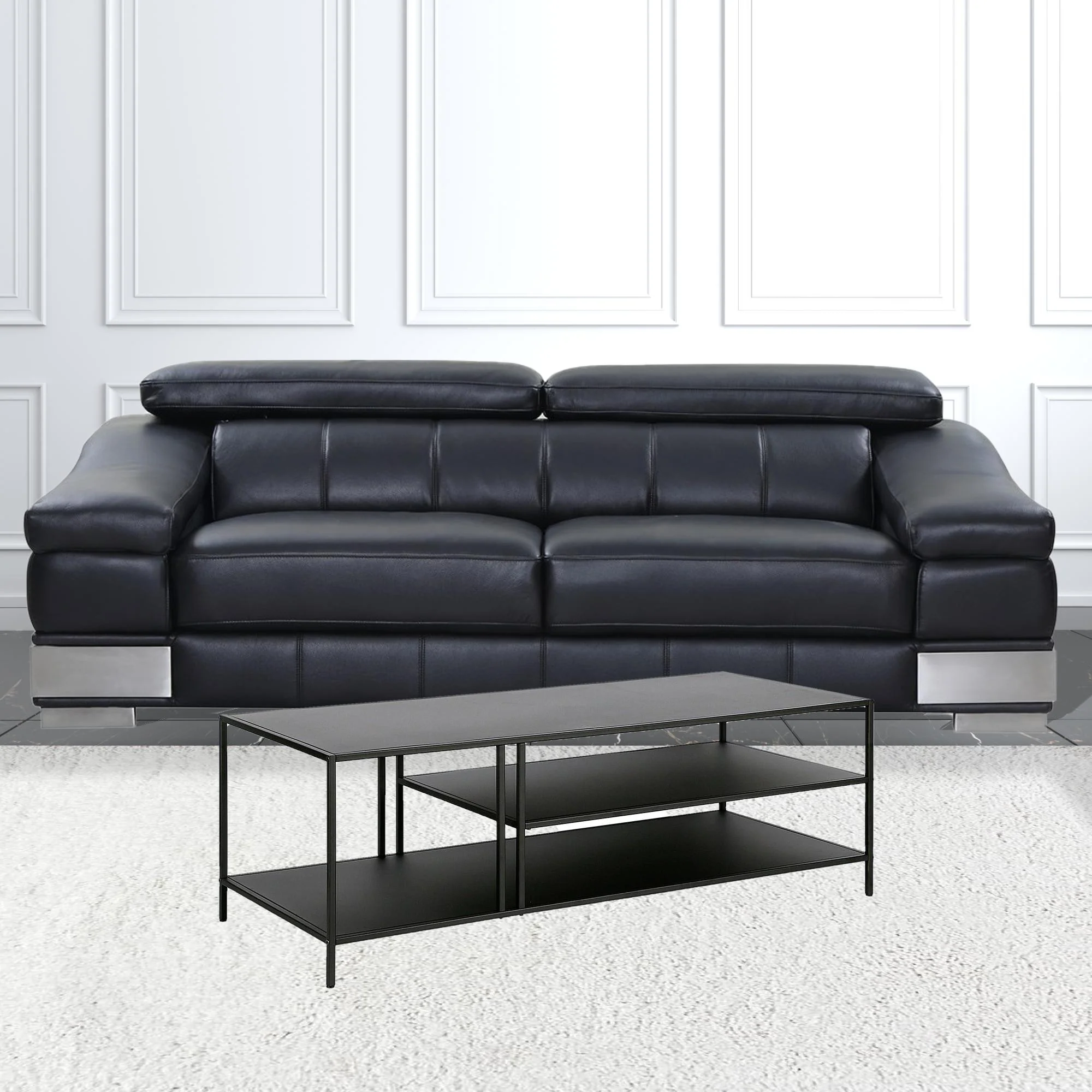 48" Black Steel Rectangular Coffee Table With Two Shelves By Homeroots - Image 4