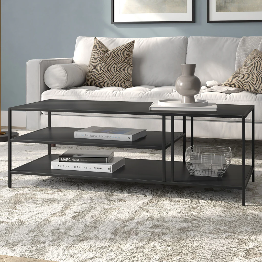 48" Black Steel Rectangular Coffee Table With Two Shelves By Homeroots - Image 5