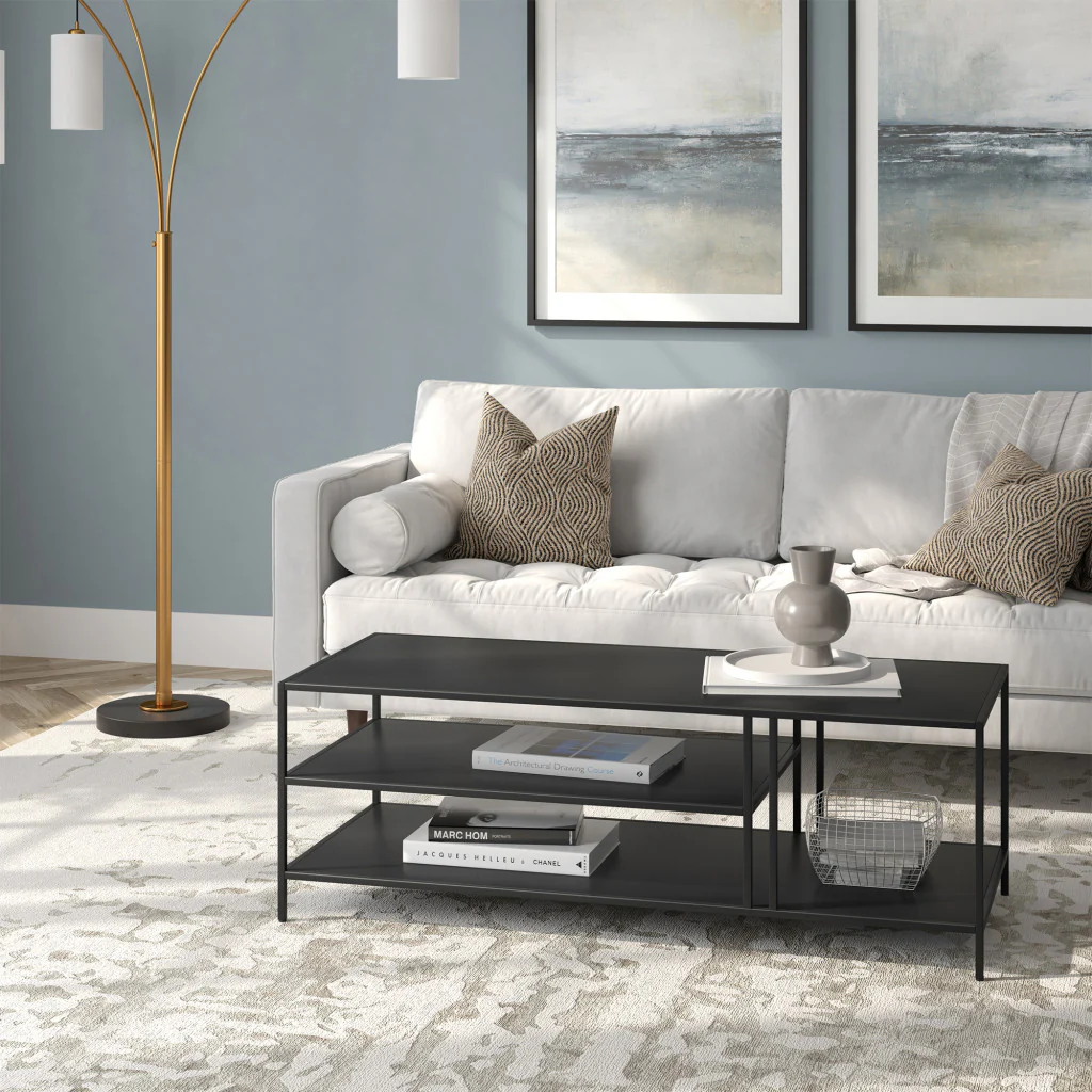 48" Black Steel Rectangular Coffee Table With Two Shelves By Homeroots - Image 6