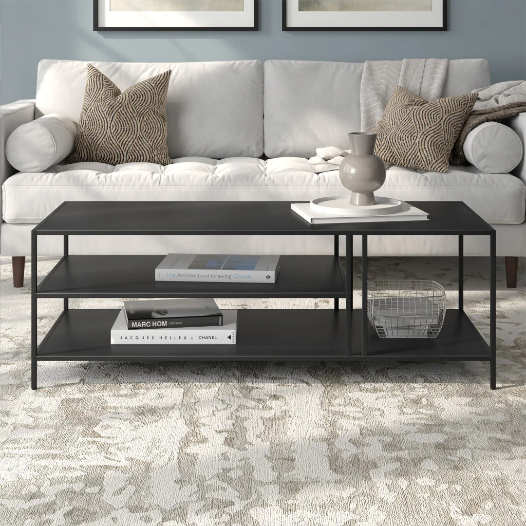 48" Black Steel Rectangular Coffee Table With Two Shelves By Homeroots - Image 7