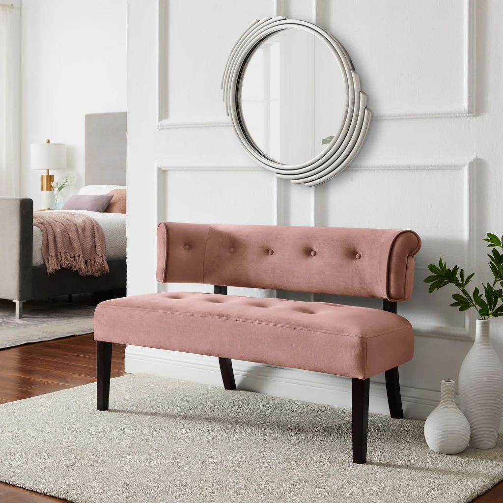 48" Blush And Brown Upholstered Velvet Bench By Homeroots - Image 9