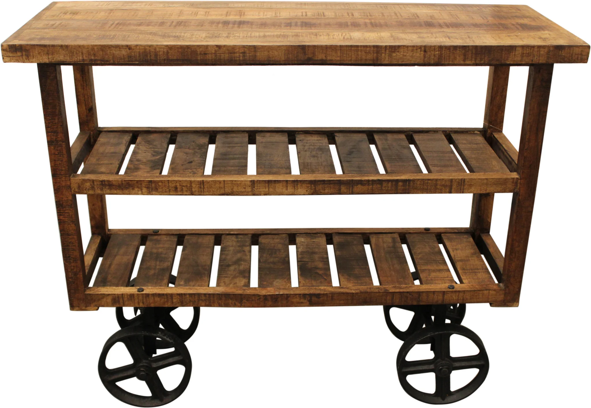 48" Brown and Black Solid Wood Distressed Wheel Console Table With Storage By Homeroots - Image 2