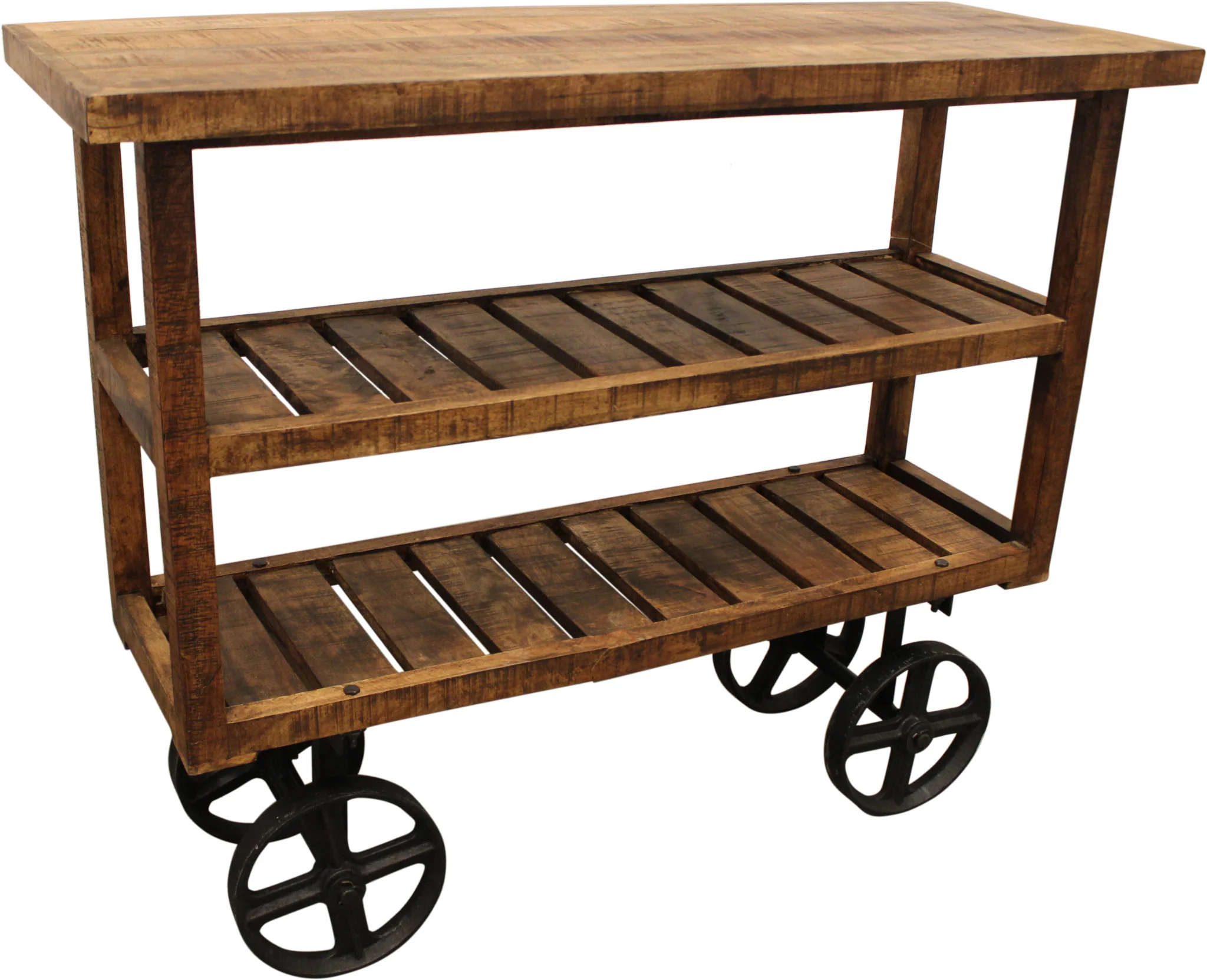 48" Brown and Black Solid Wood Distressed Wheel Console Table With Storage By Homeroots - Image 3