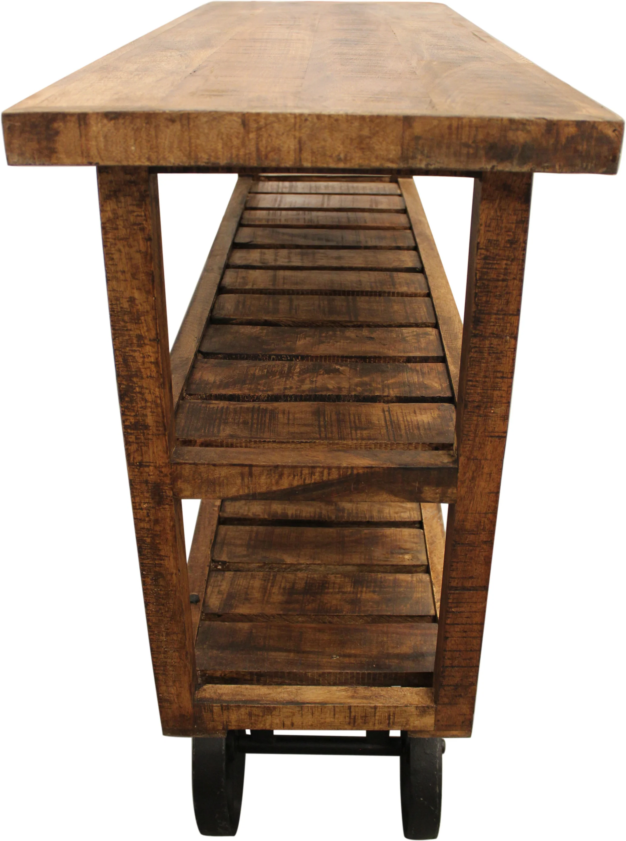 48" Brown and Black Solid Wood Distressed Wheel Console Table With Storage By Homeroots - Image 4