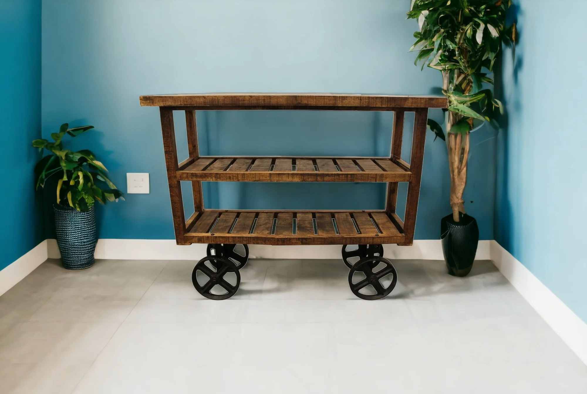 48" Brown and Black Solid Wood Distressed Wheel Console Table With Storage By Homeroots - Image 5
