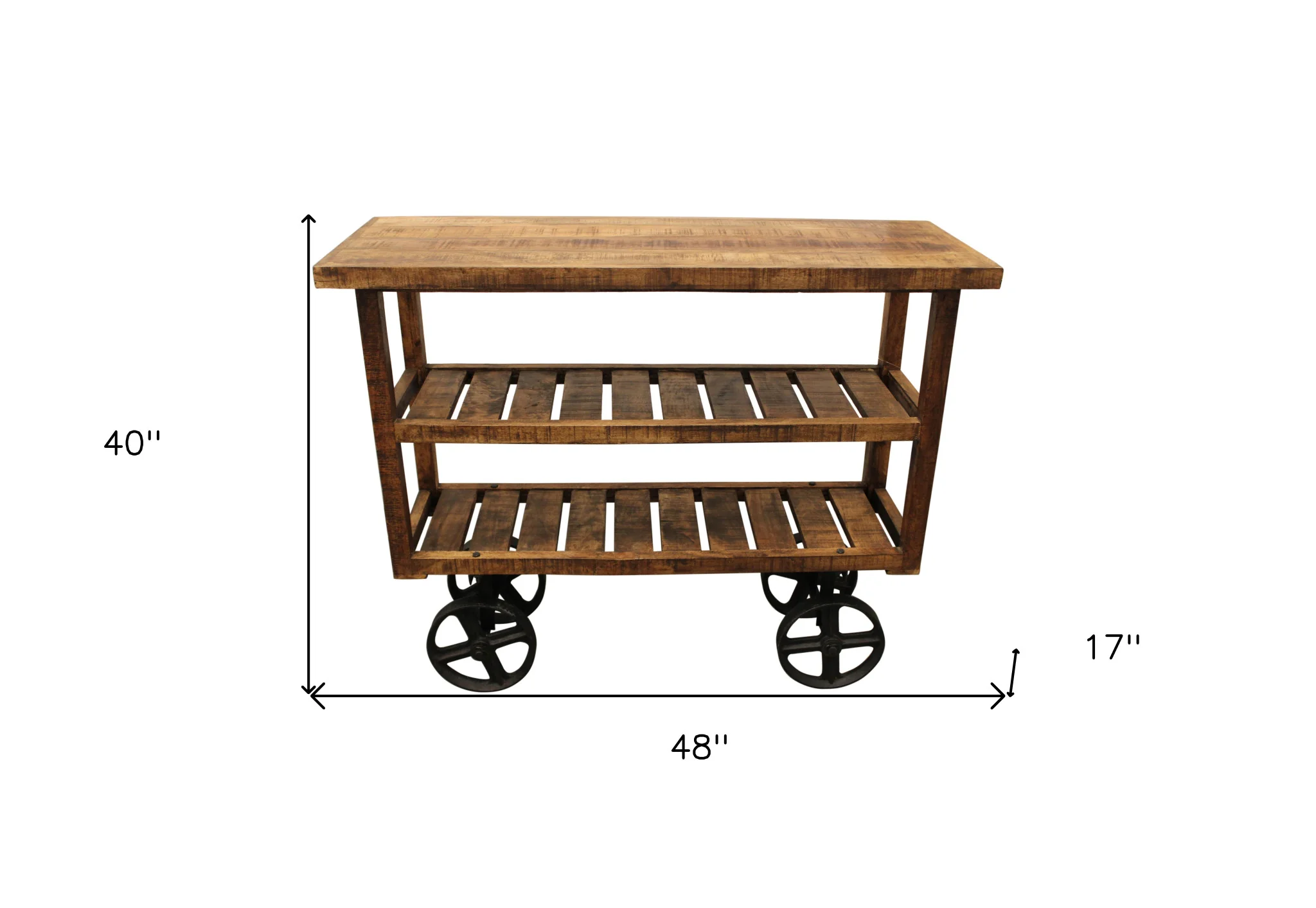 48" Brown and Black Solid Wood Distressed Wheel Console Table With Storage By Homeroots - Image 6