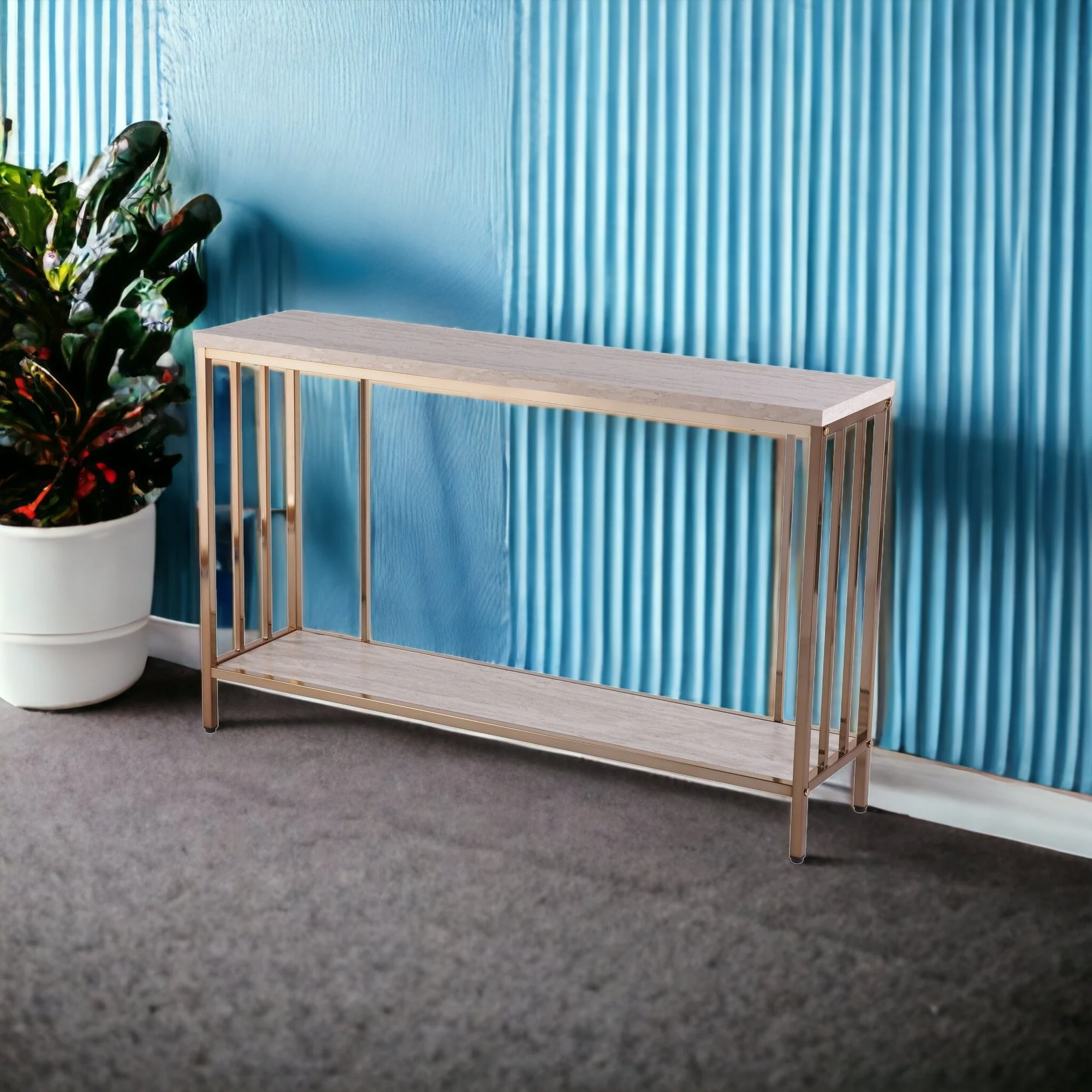48" Champagne and Gold Faux Stone Floor Shelf Console Table With Storage By Homeroots - Image 5