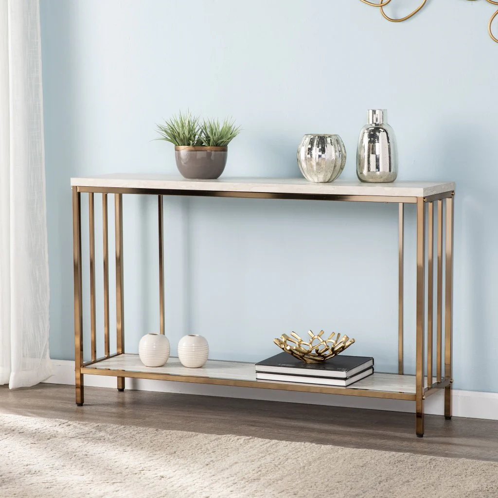 48" Champagne and Gold Faux Stone Floor Shelf Console Table With Storage By Homeroots - Image 7