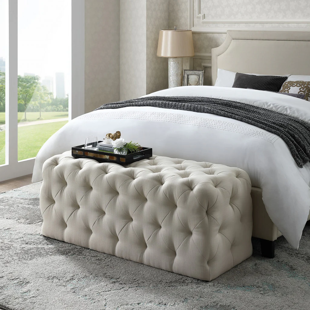 48" Cream And Black Upholstered Linen Bench By Homeroots - Image 8