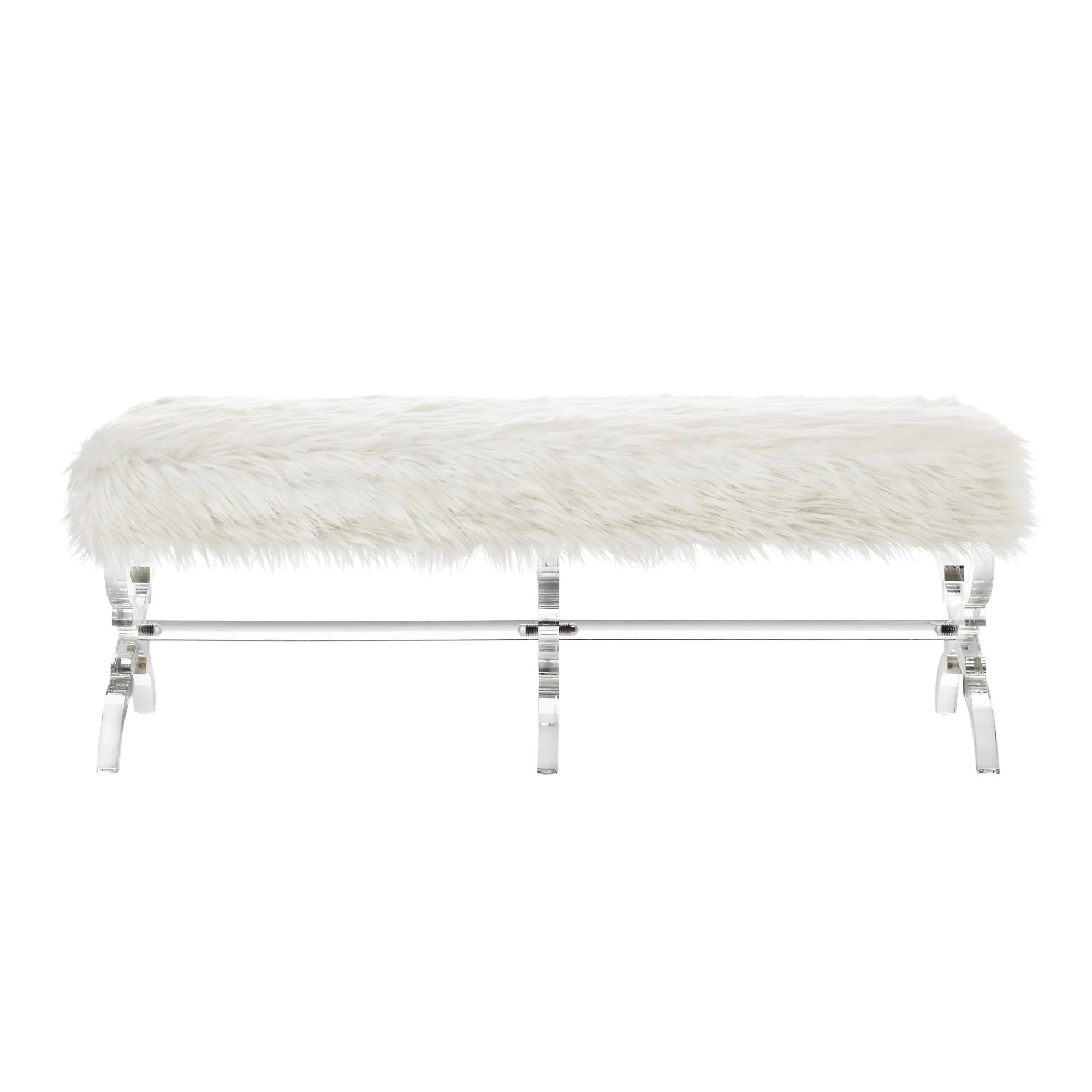48" Cream And Clear Upholstered Faux Fur Bench By Homeroots - Image 2