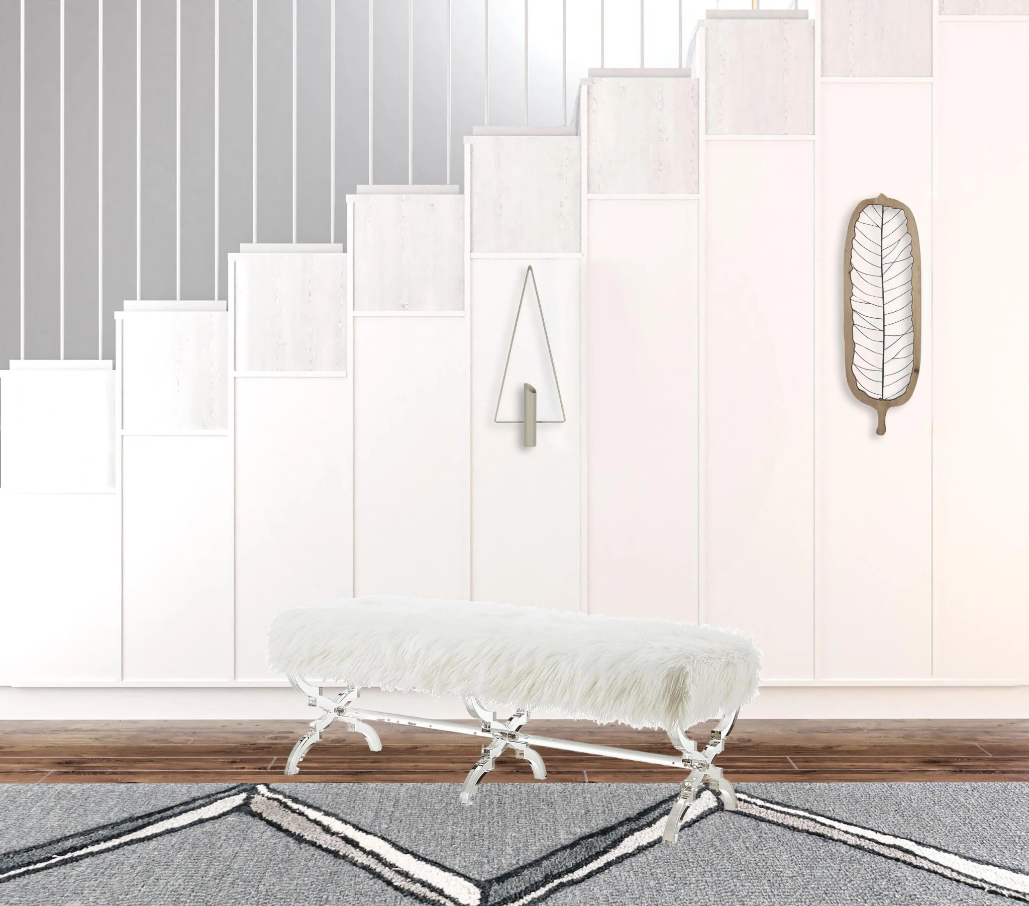 48" Cream And Clear Upholstered Faux Fur Bench By Homeroots - Image 5