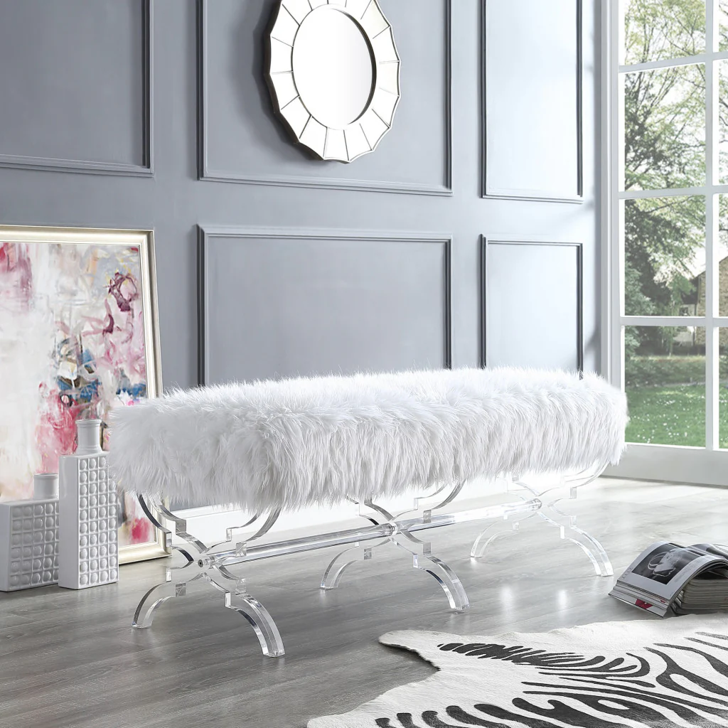 48" Cream And Clear Upholstered Faux Fur Bench By Homeroots - Image 7