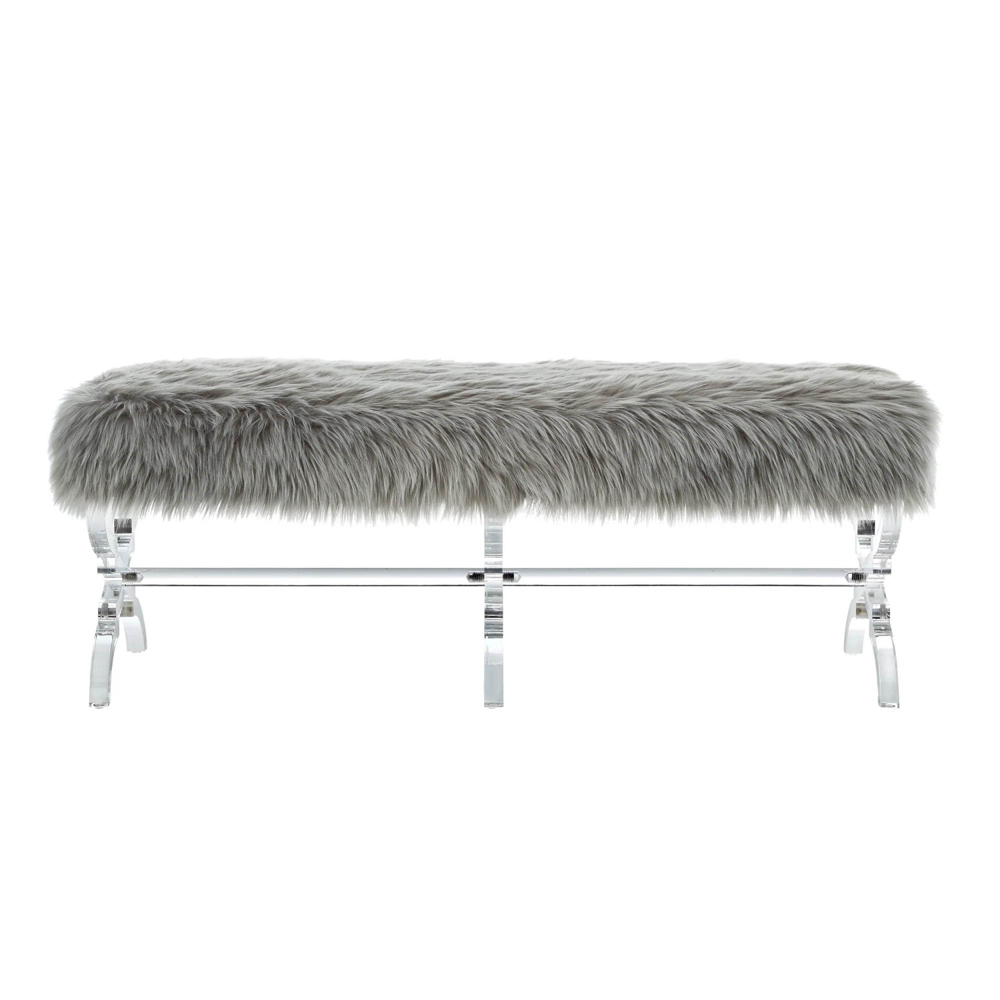 48" Gray And Clear Upholstered Faux Fur Bench By Homeroots - Image 2