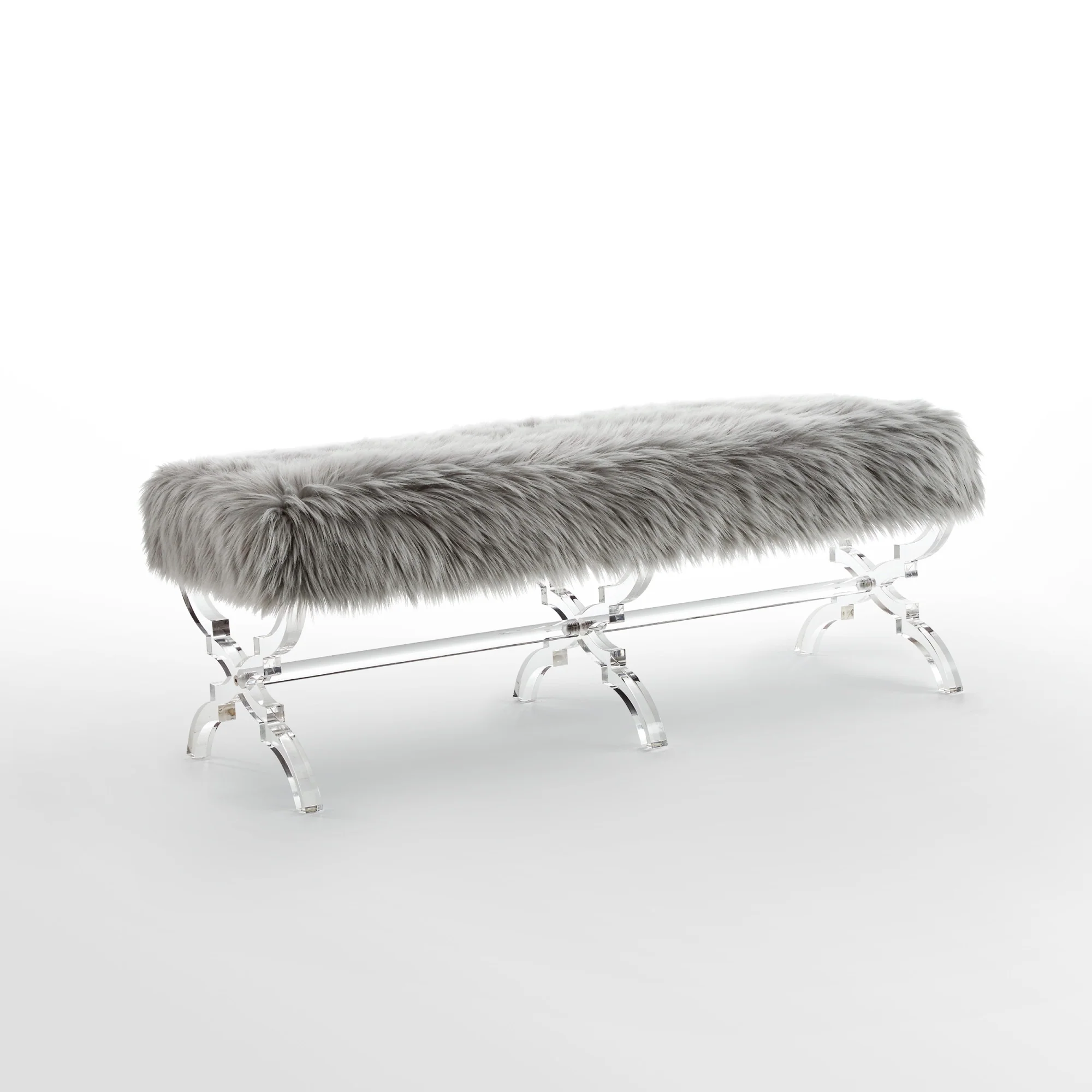 48" Gray And Clear Upholstered Faux Fur Bench By Homeroots - Image 3