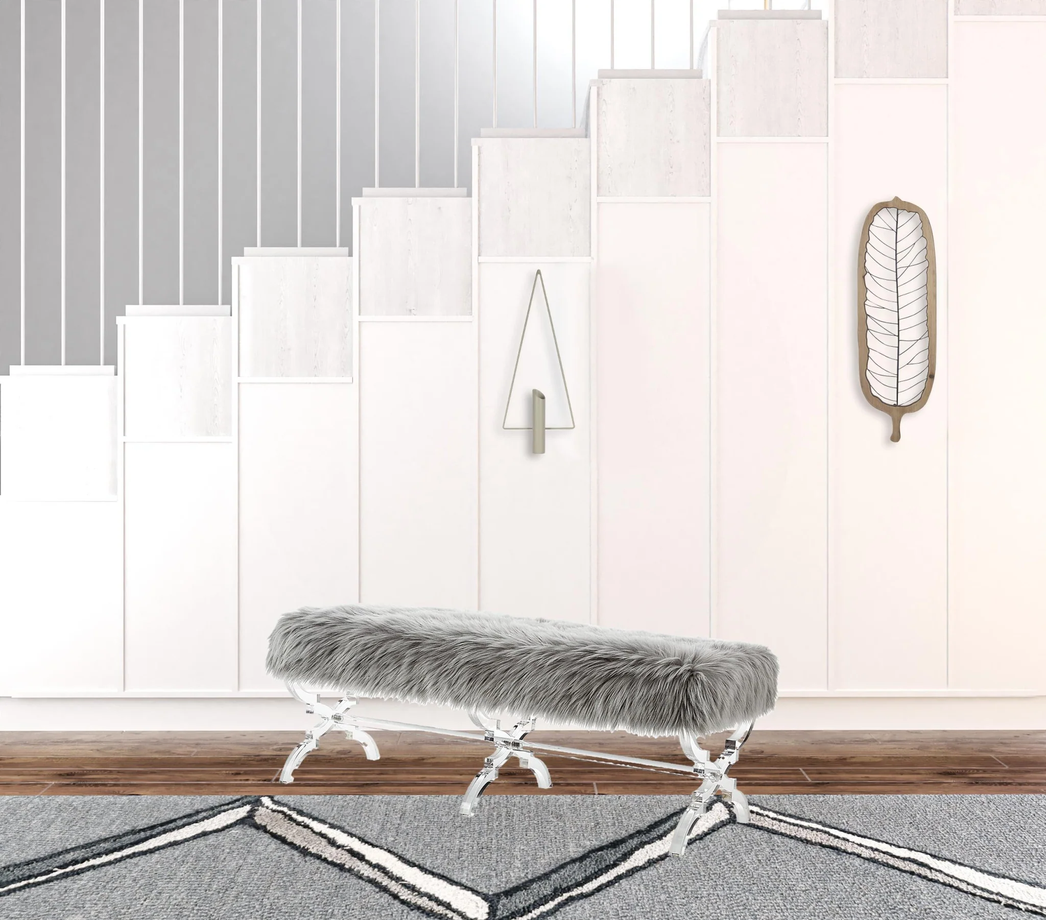48" Gray And Clear Upholstered Faux Fur Bench By Homeroots - Image 6