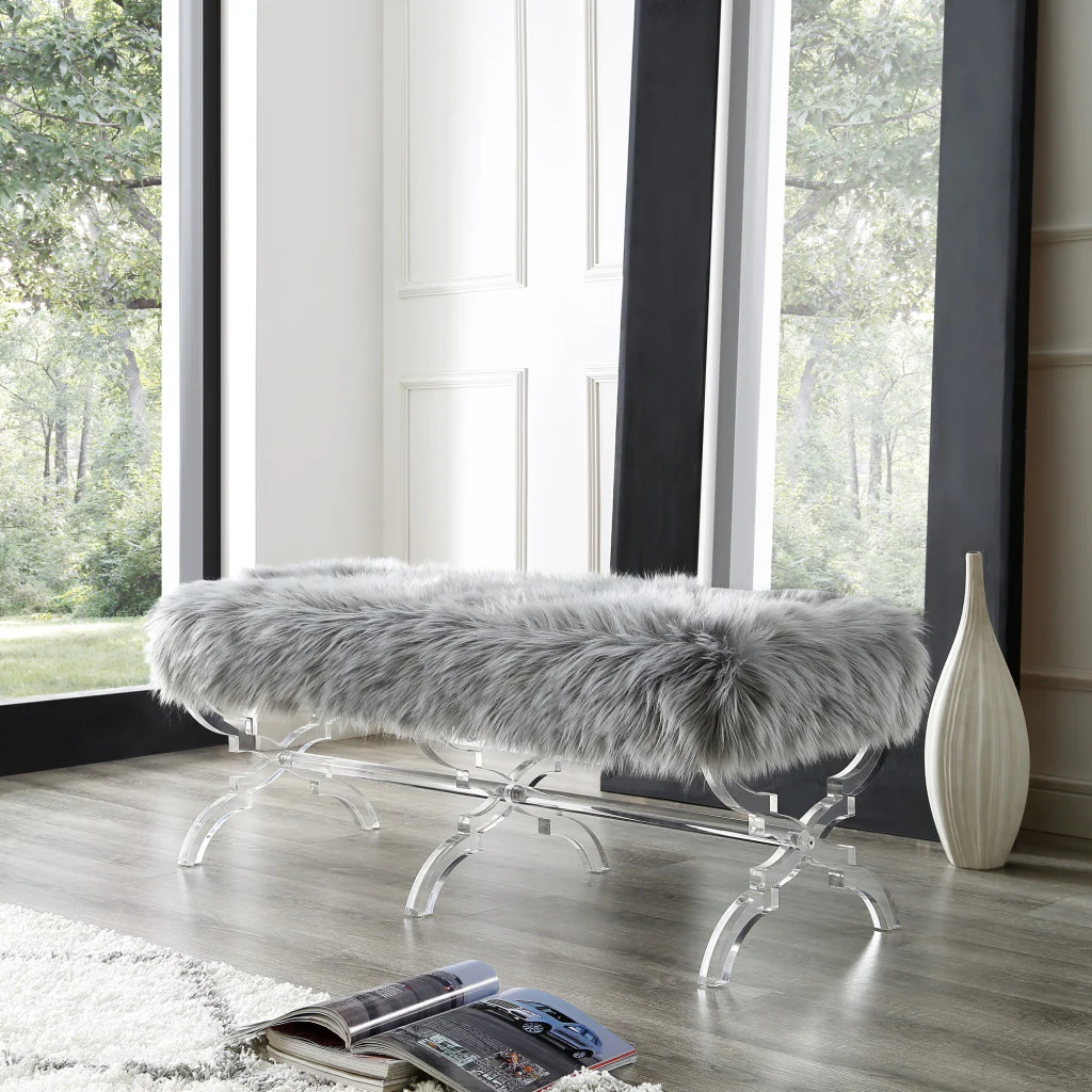 48" Gray And Clear Upholstered Faux Fur Bench By Homeroots - Image 8