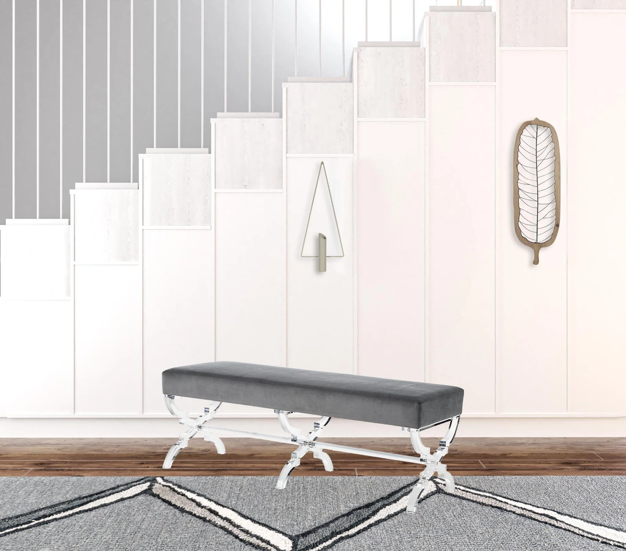 48" Gray And Clear Upholstered Velvet Bench By Homeroots - Image 5