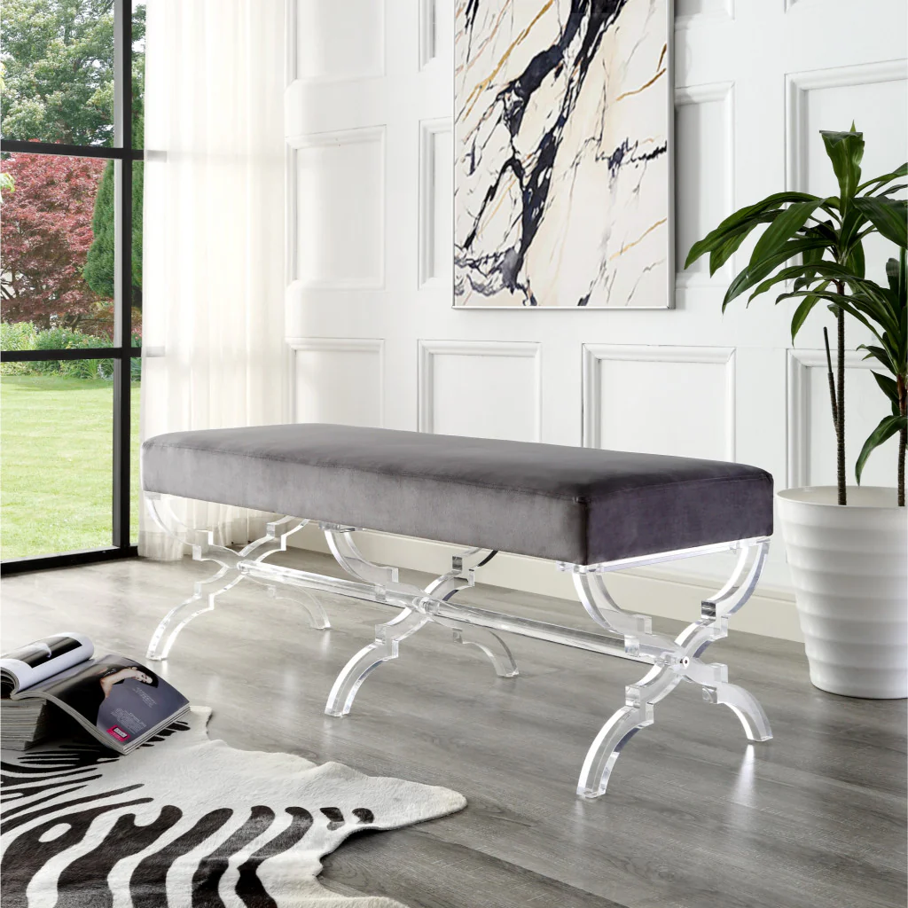 48" Gray And Clear Upholstered Velvet Bench By Homeroots - Image 8