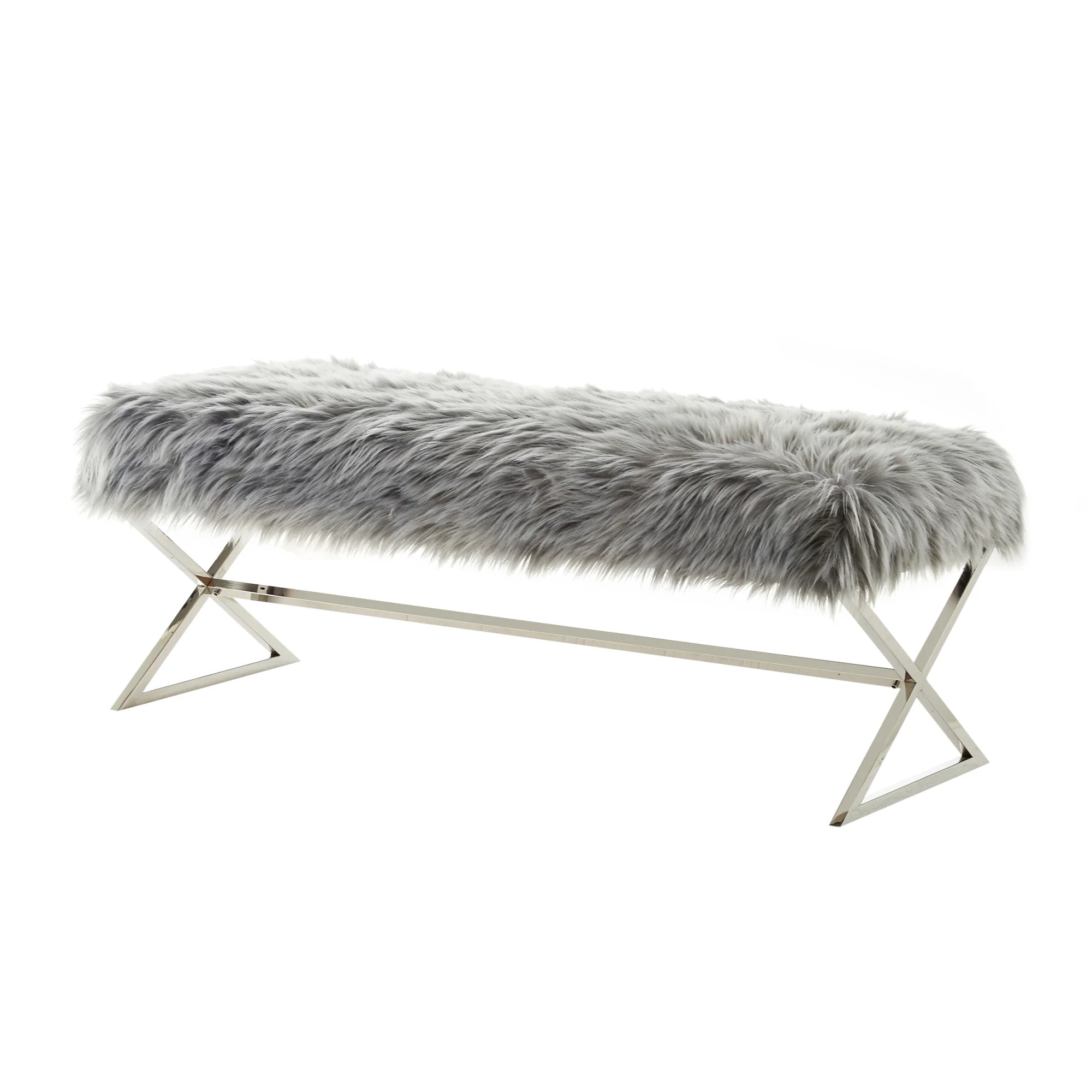 48" Gray And Silver Upholstered Faux Fur Bench By Homeroots - Image 4