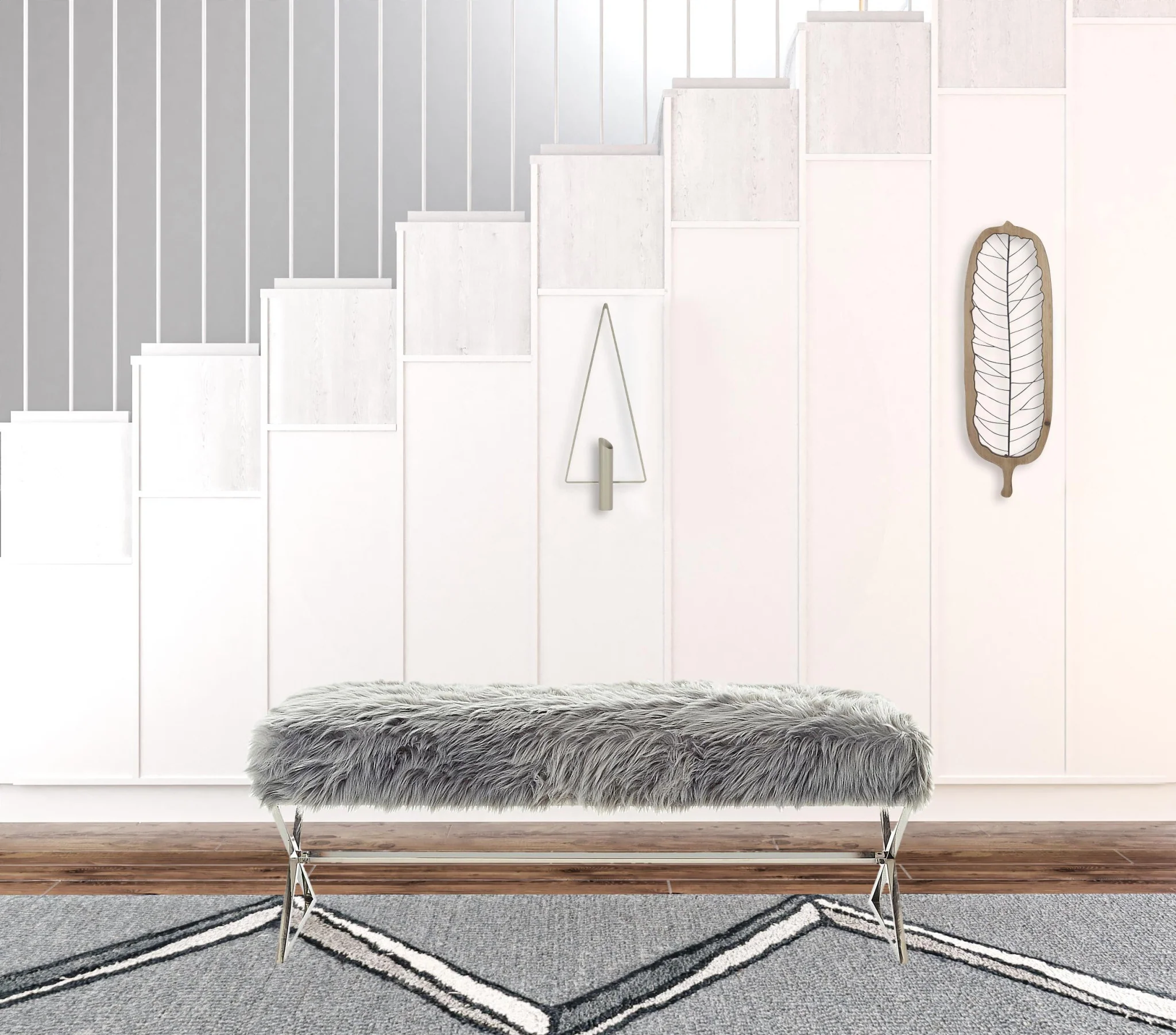 48" Gray And Silver Upholstered Faux Fur Bench By Homeroots - Image 5