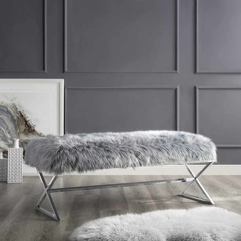 48" Gray And Silver Upholstered Faux Fur Bench By Homeroots - Image 7