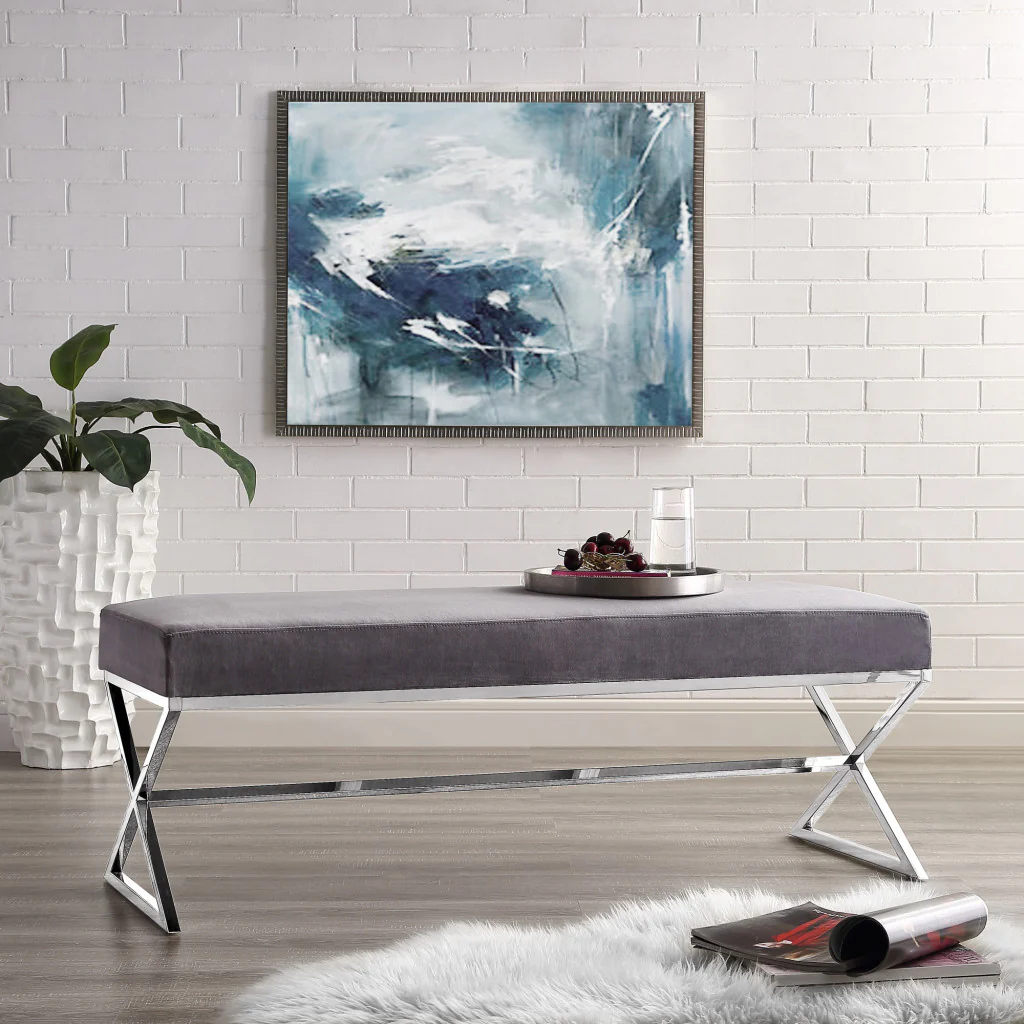 48" Gray And Silver Upholstered Velvet Bench By Homeroots - Image 7