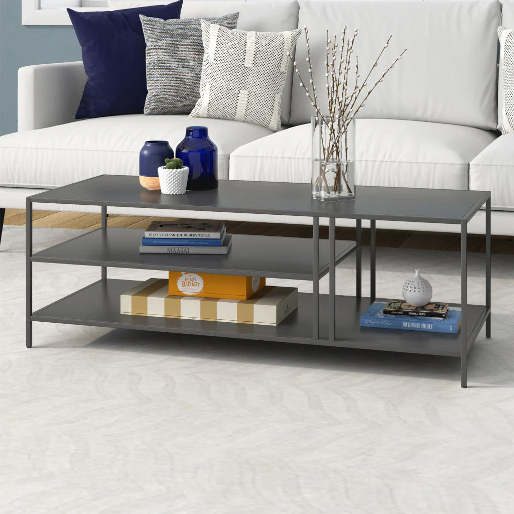 48" Gray Steel Rectangular Coffee Table With Two Shelves By Homeroots - Image 5