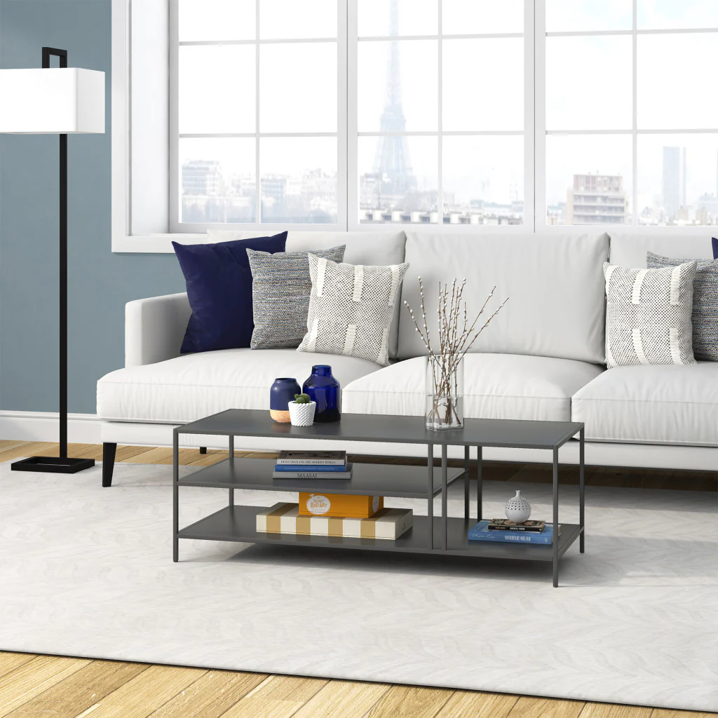 48" Gray Steel Rectangular Coffee Table With Two Shelves By Homeroots - Image 6