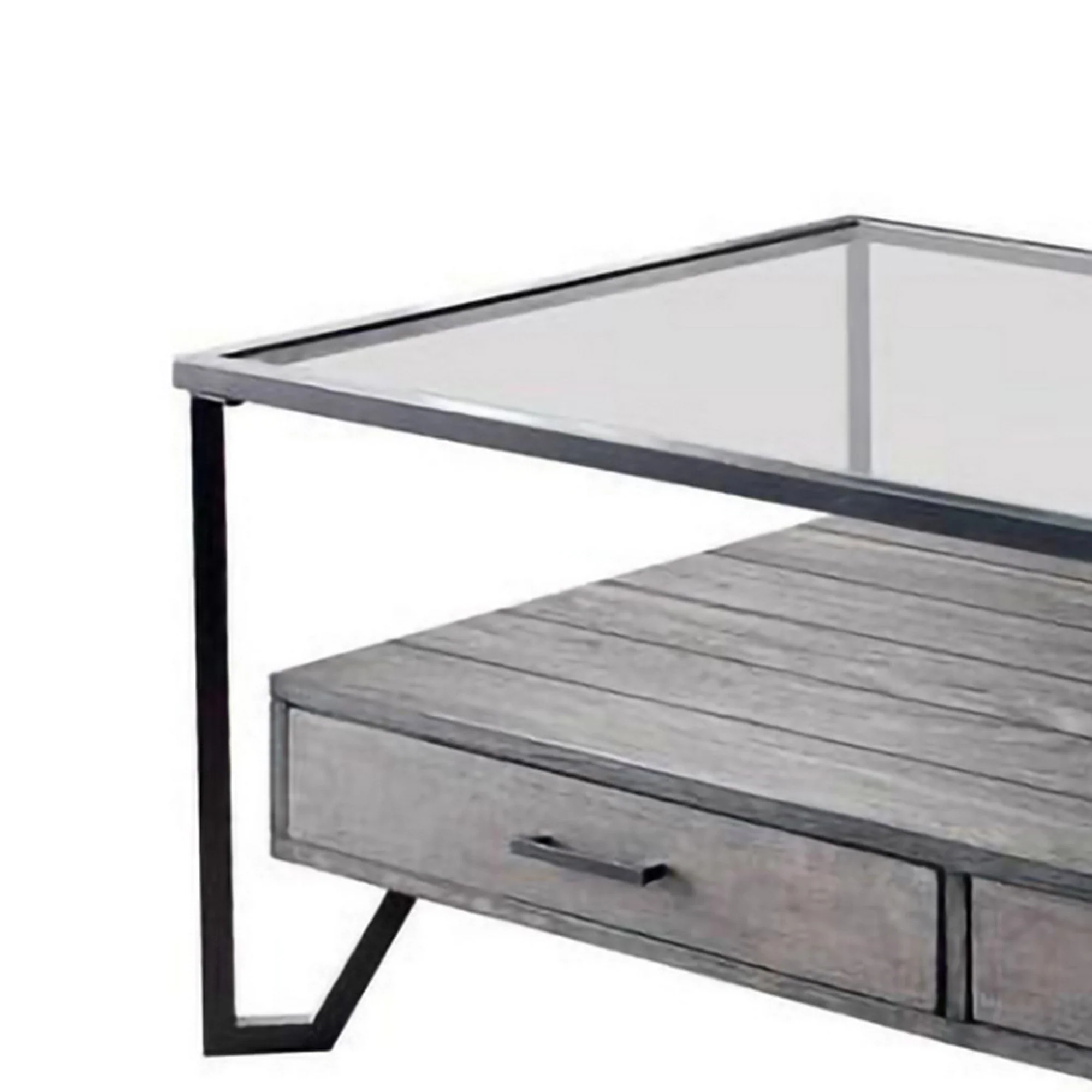 48 Inch Metal Coffee Table With Glass Top And 2 Drawers Gray By Benzara - Image 2