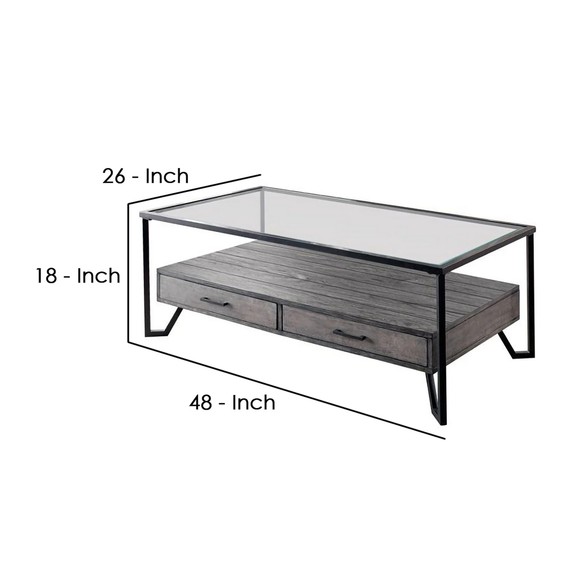 48 Inch Metal Coffee Table With Glass Top And 2 Drawers Gray By Benzara - Image 5
