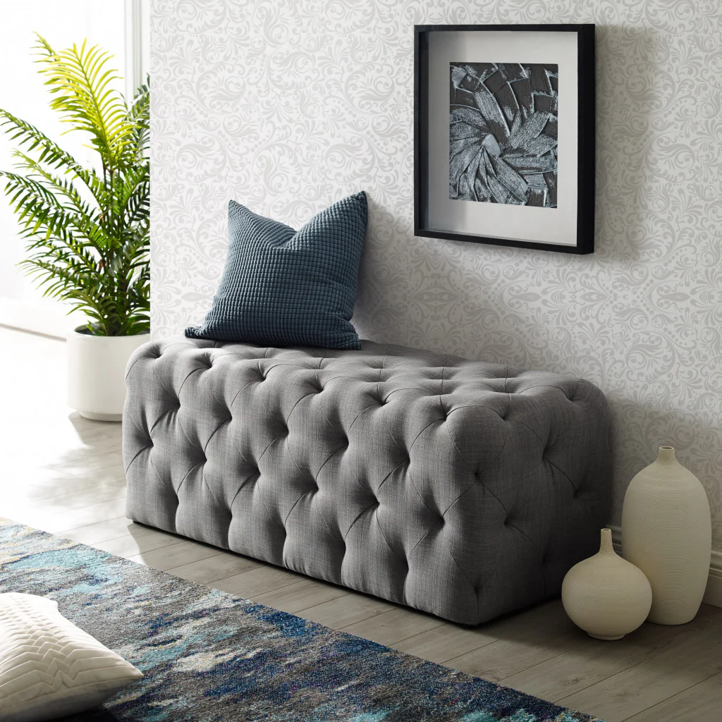 48" Light Gray And Black Upholstered Linen Bench By Homeroots - Image 7