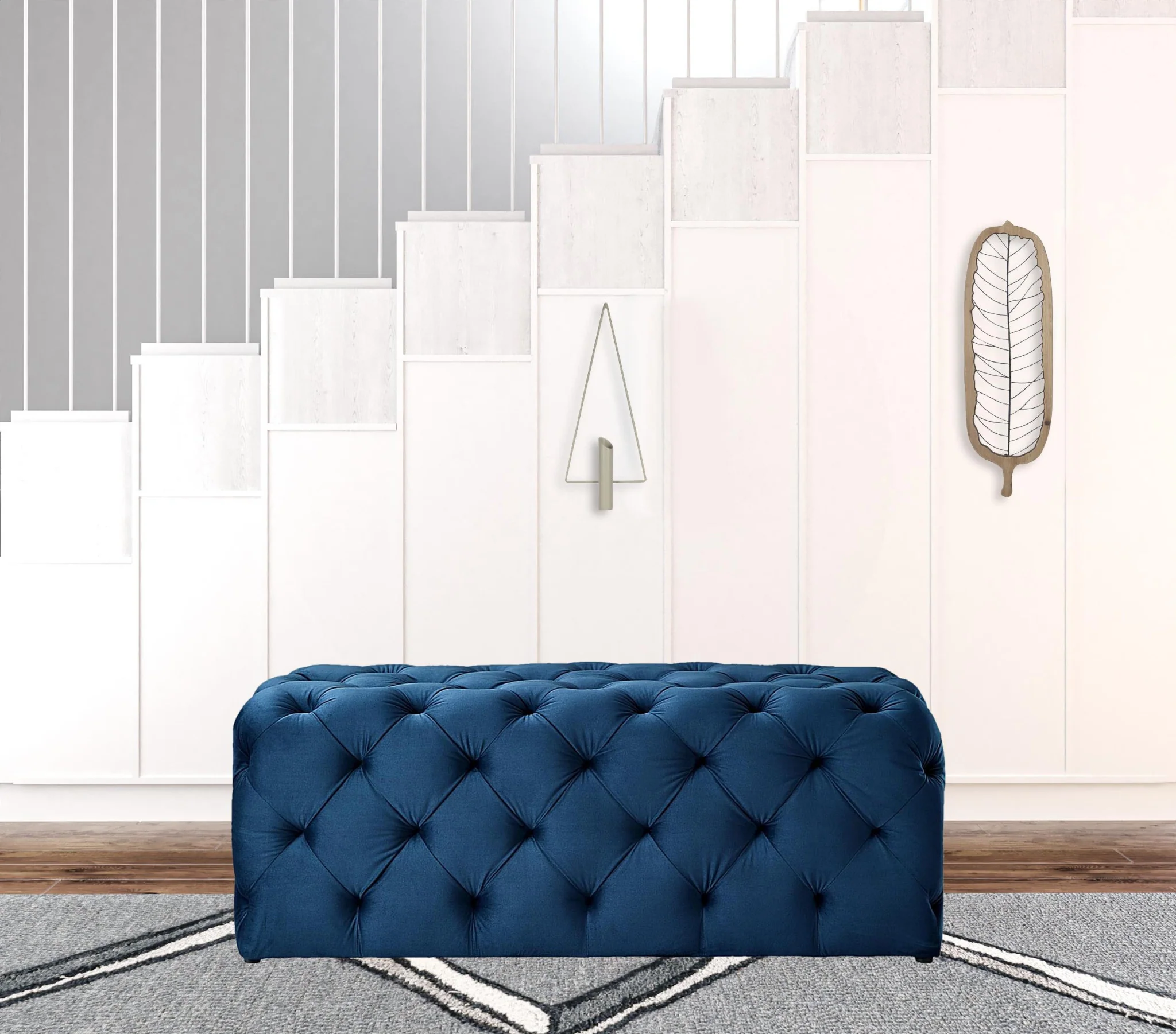 48" Navy Blue And Black Upholstered Velvet Bench By Homeroots - Image 3